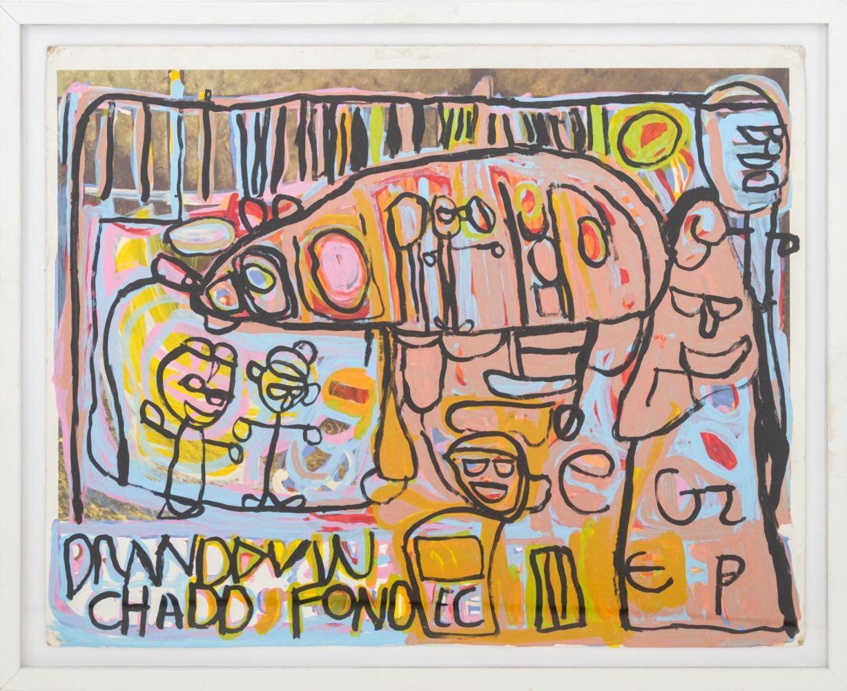 Brandon Spicer-Crawley (américain, né en 1980) Attribué, Scène figurative abstraite, acrylique sur lithographie en couleurs, apparemment non signé, cadre en métal blanc.

Image : 22" H x 28" L ; cadre : 25.25" H x 31" L x 1" D.

Provenance :