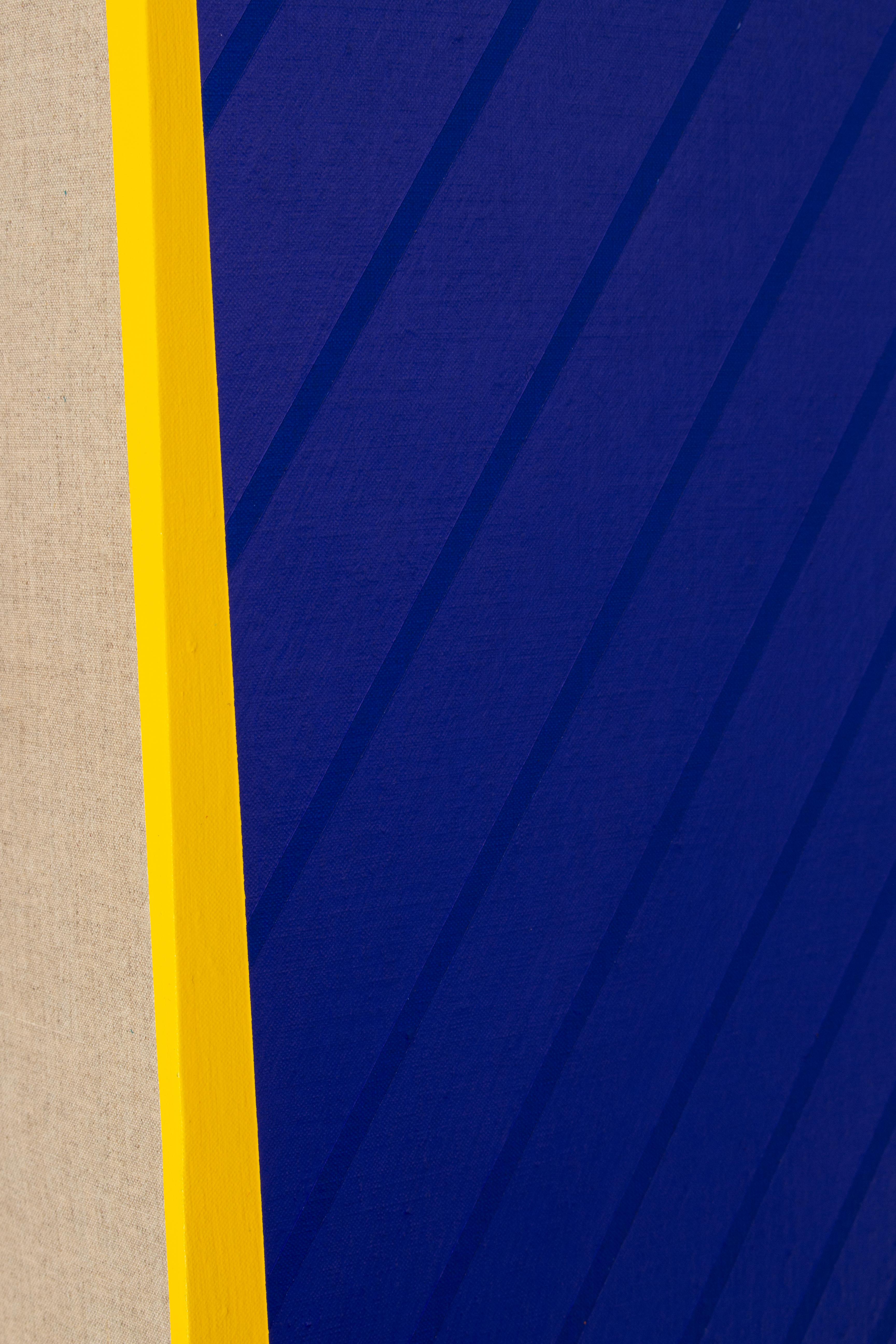 ¡Fútbol! - Deep Blue & Yellow Geometric Wall Hanging Sculpture on Linen & Panel  - Purple Abstract Sculpture by Brandon Woods