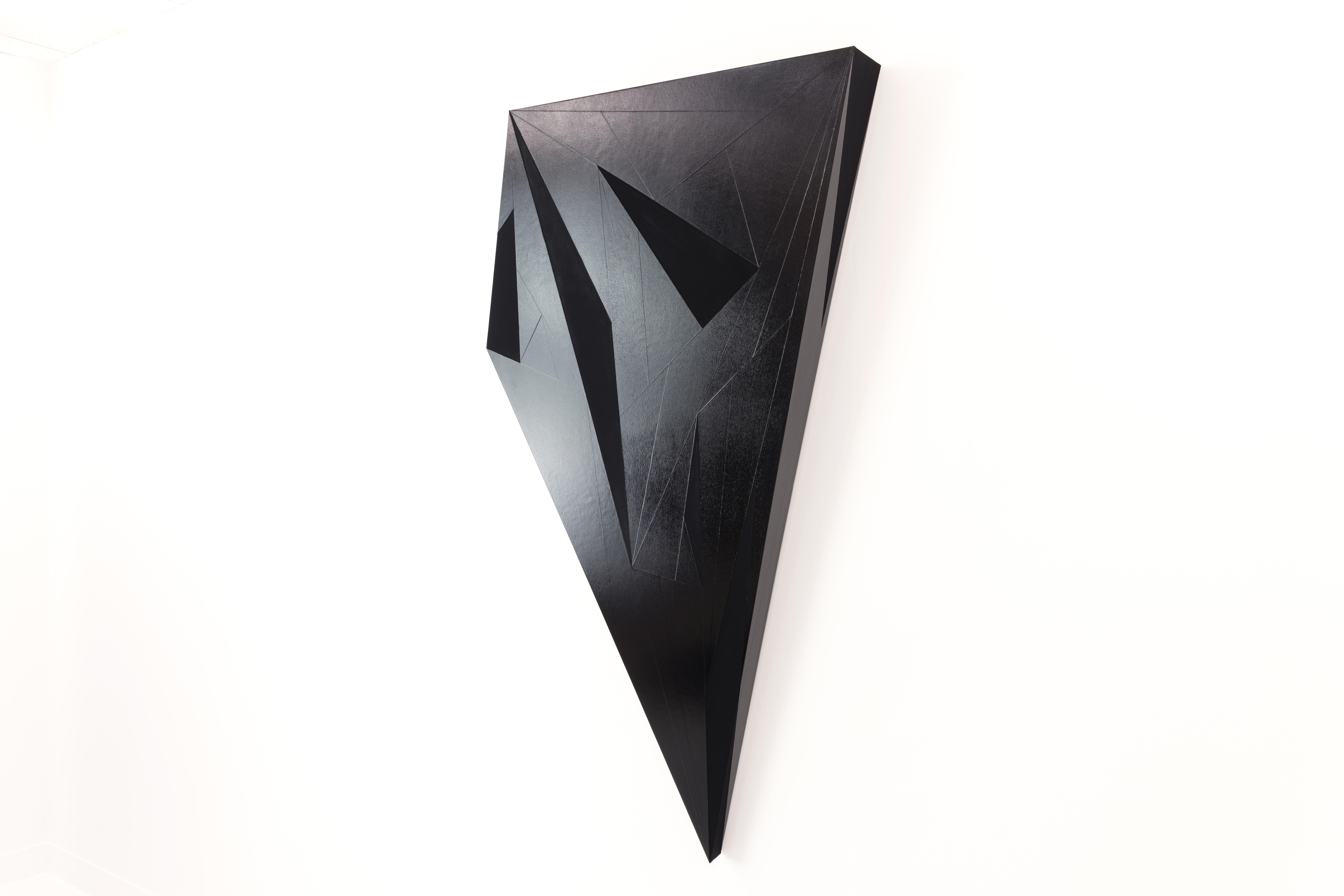 Brandon Woods Abstract Sculpture - VADER - Geometric Wall Hanging Sculpture/Painting in Black 3.0 Acrylic on Panel
