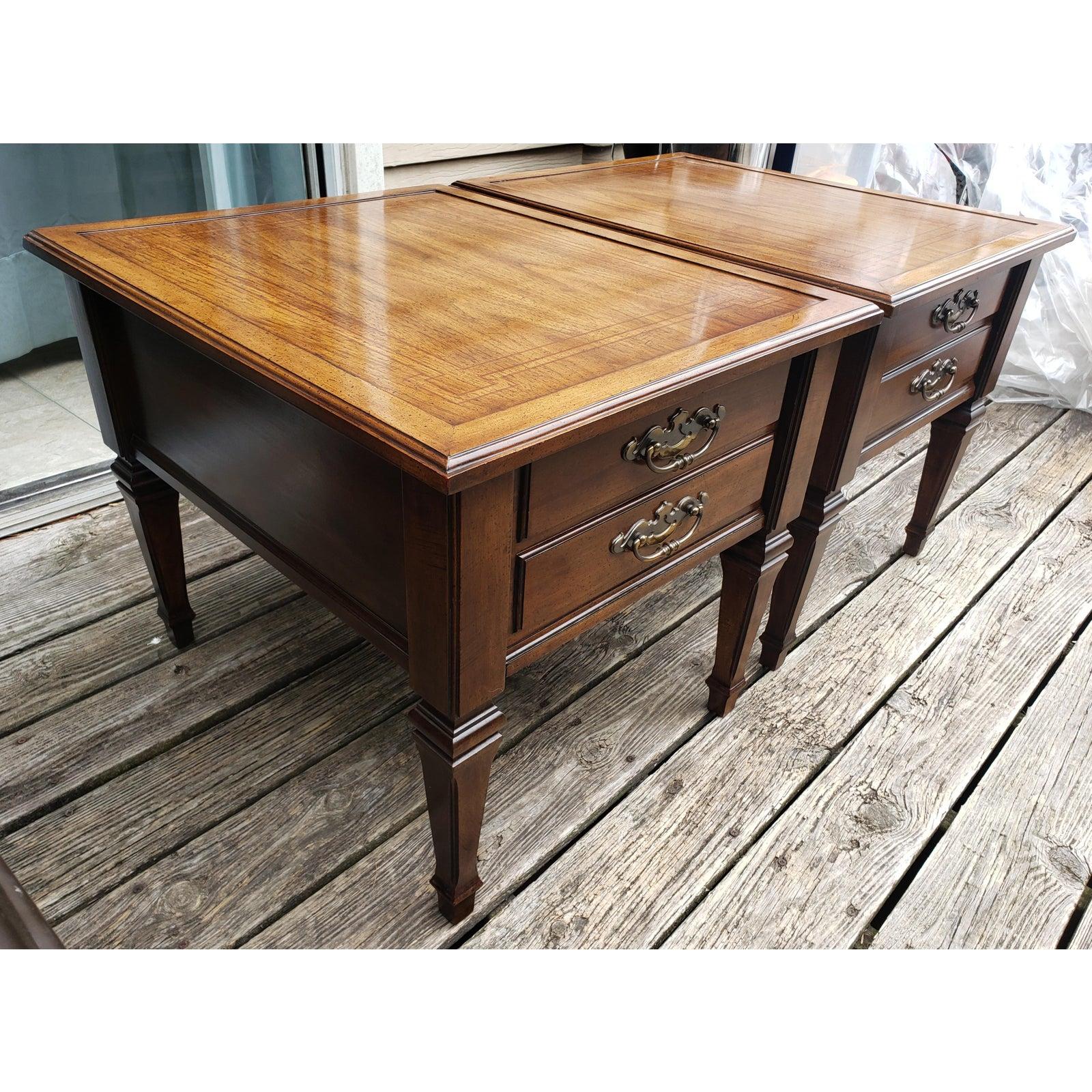 Rare vintage Brandt Ambassador end tables/nightstands with unique design tops and large heavy brass handles.
Measures: 22 W x 27 D x 21 H.