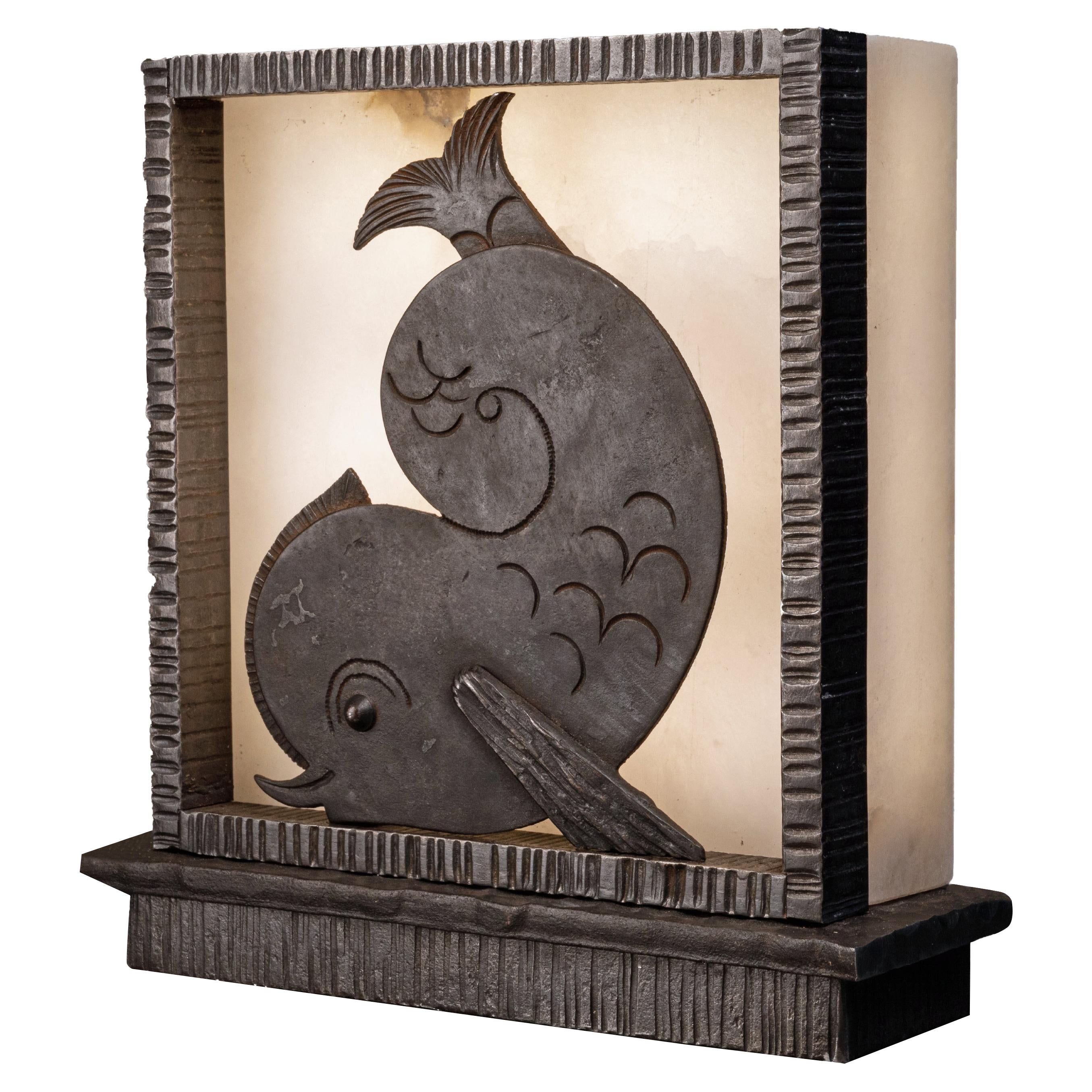 Brandt, Art Deco Dolphin Whale Lamp or Sconce, Chiseled Wrought Iron, Alabaster