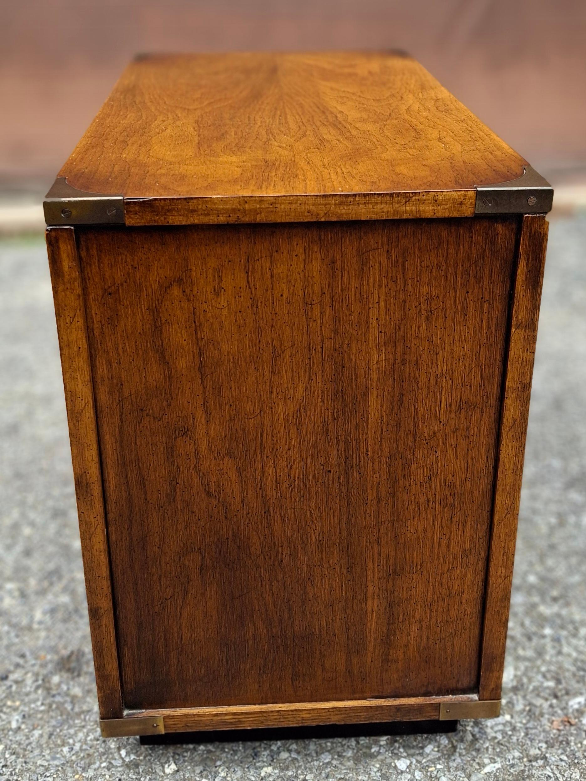 Brandt Furniture Campaign Style Oak Side Chest of Drawers In Good Condition For Sale In Germantown, MD