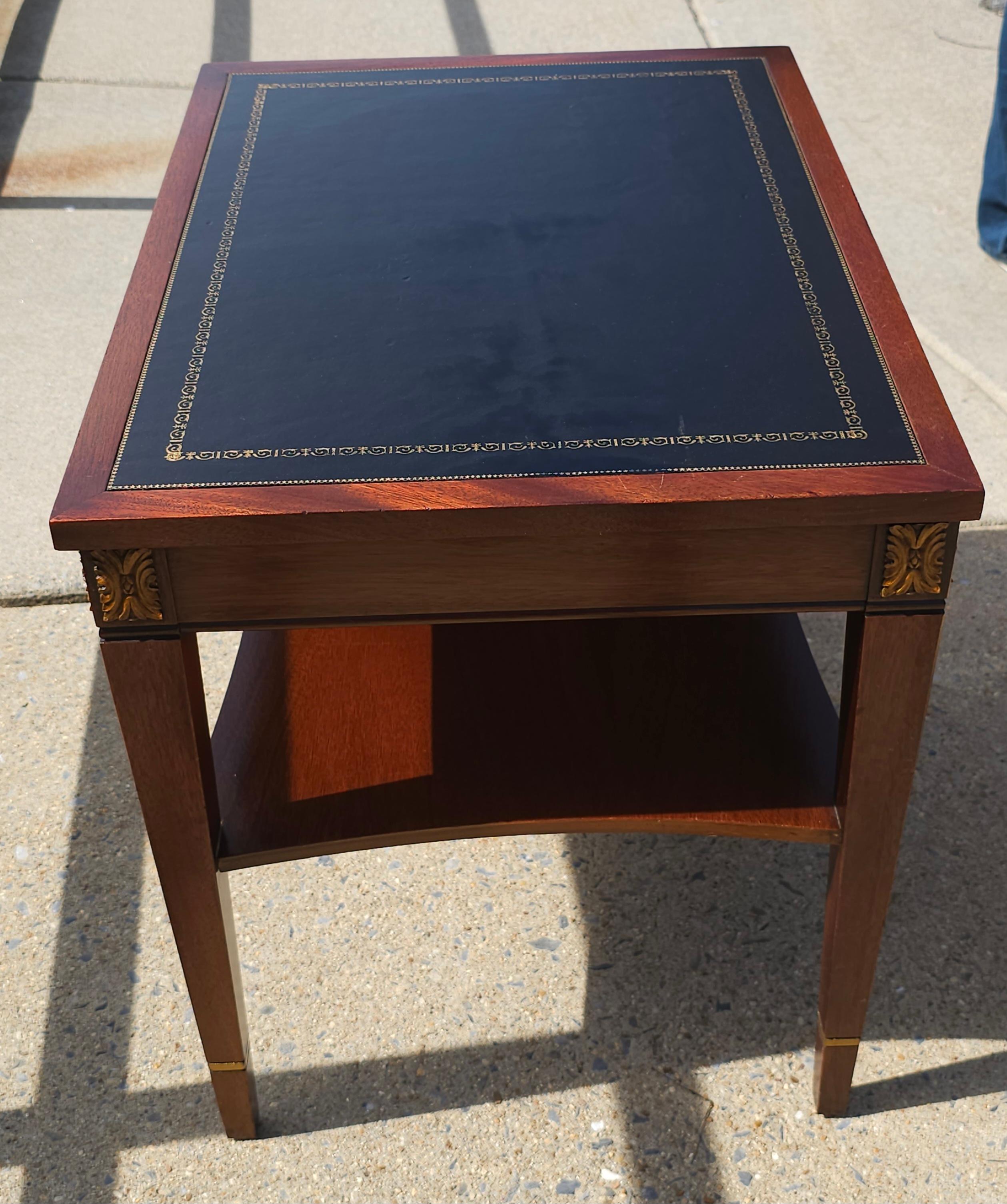 Brandt Furniture Partial Gilt And Tooled Leather Mahogany Tiered Side Table In Good Condition For Sale In Germantown, MD