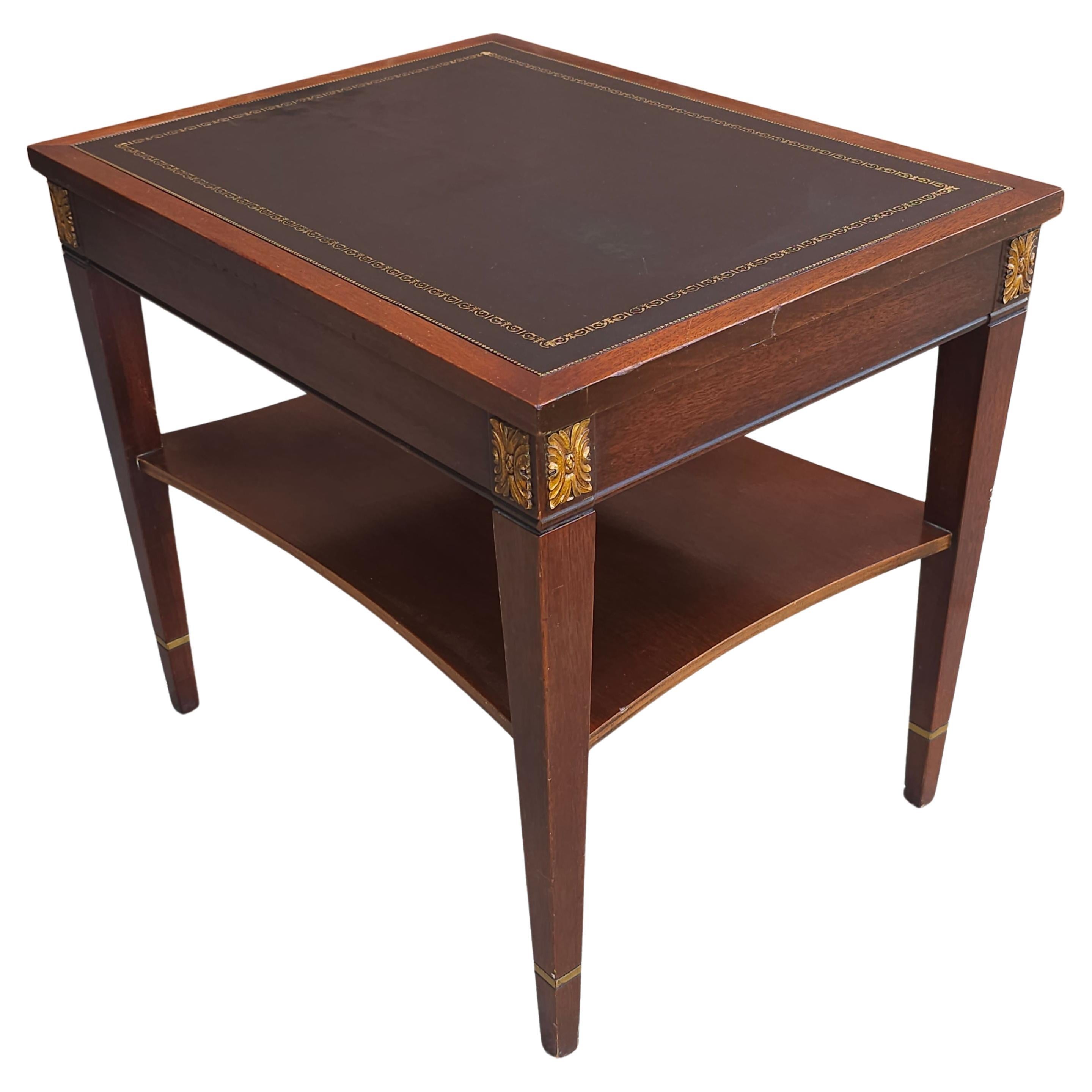 Brandt Furniture Partial Gilt And Tooled Leather Mahogany Tiered Side Table For Sale