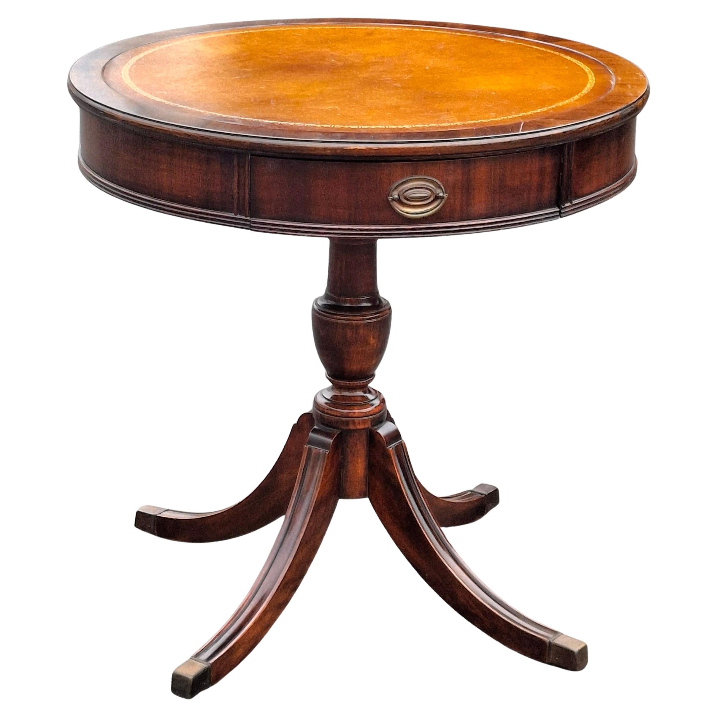Brandt Mid-Century Regency Style Mahogany and Stenciled Leather Top Drum Table