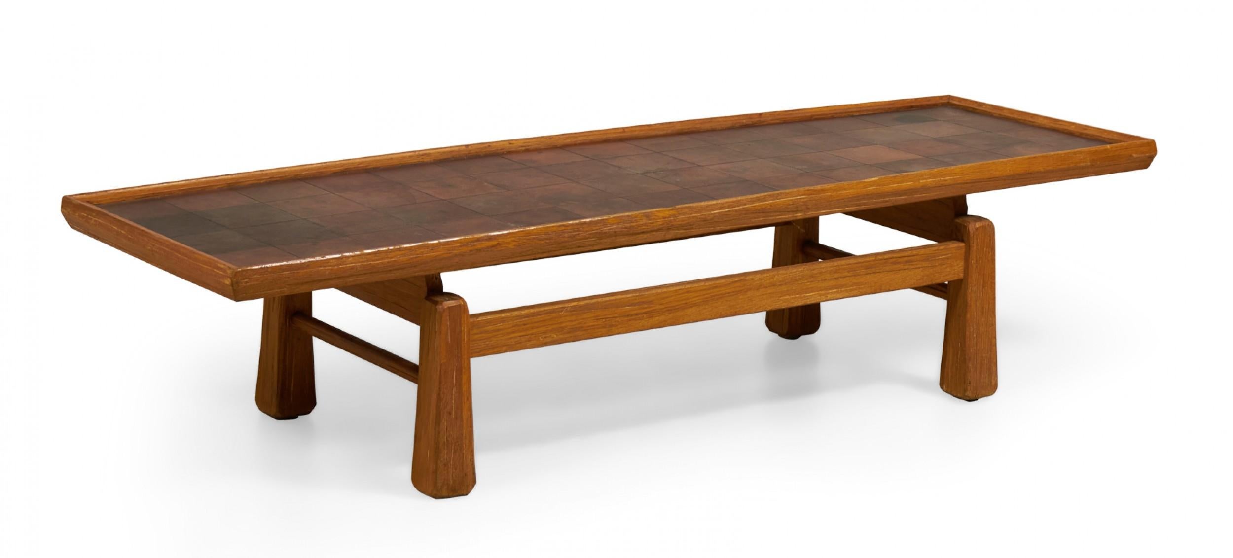 20th Century Brandt Ranch Rustic Oak and Leather Patchwork Coffee / Cocktail Tabl For Sale