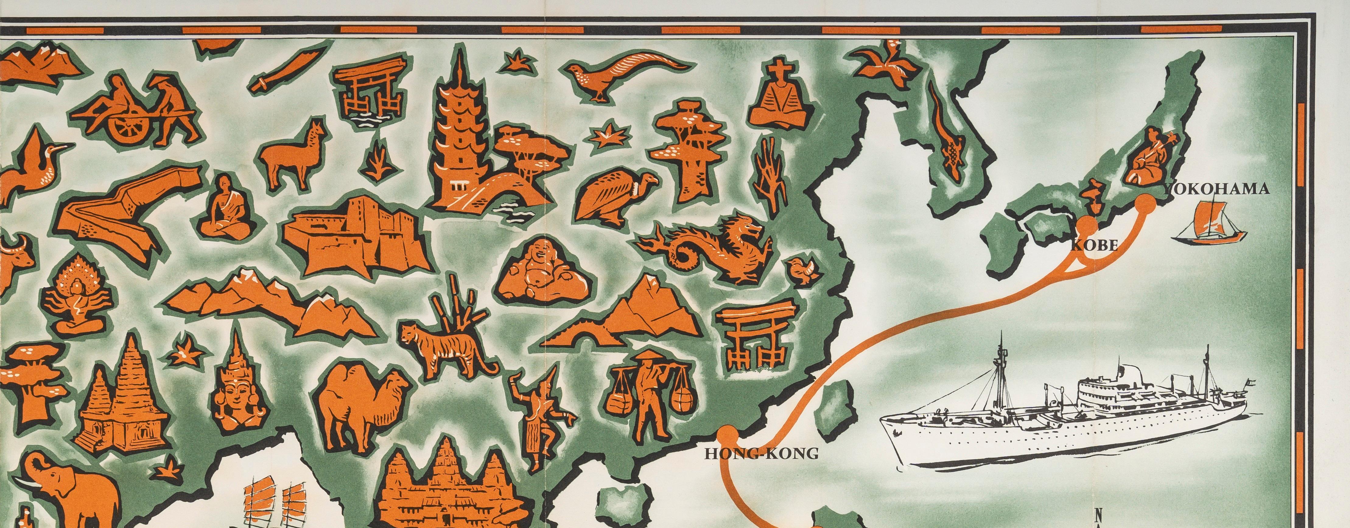 Branger, Original-Vintage-Karte, Messagerie Maritime, Vietnam, Laos, Kambodscha 1950 (Moderne der Mitte des Jahrhunderts) im Angebot