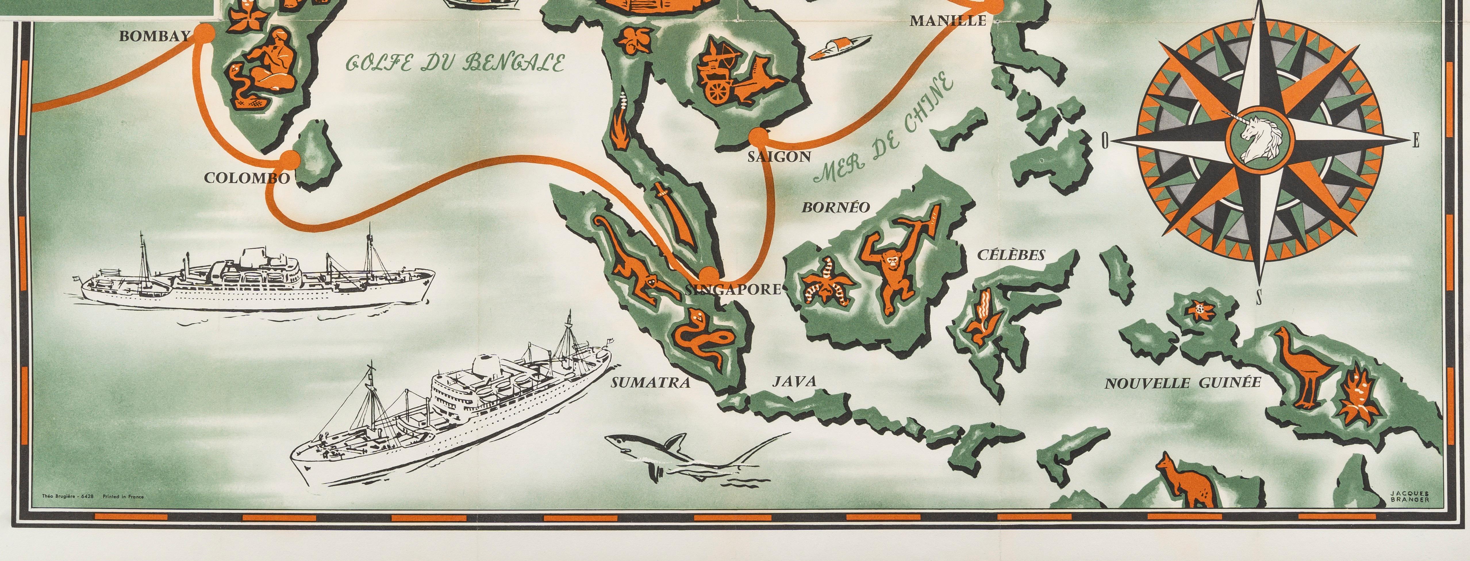 Branger, Original-Vintage-Karte, Messagerie Maritime, Vietnam, Laos, Kambodscha 1950 im Zustand „Gut“ im Angebot in SAINT-OUEN-SUR-SEINE, FR