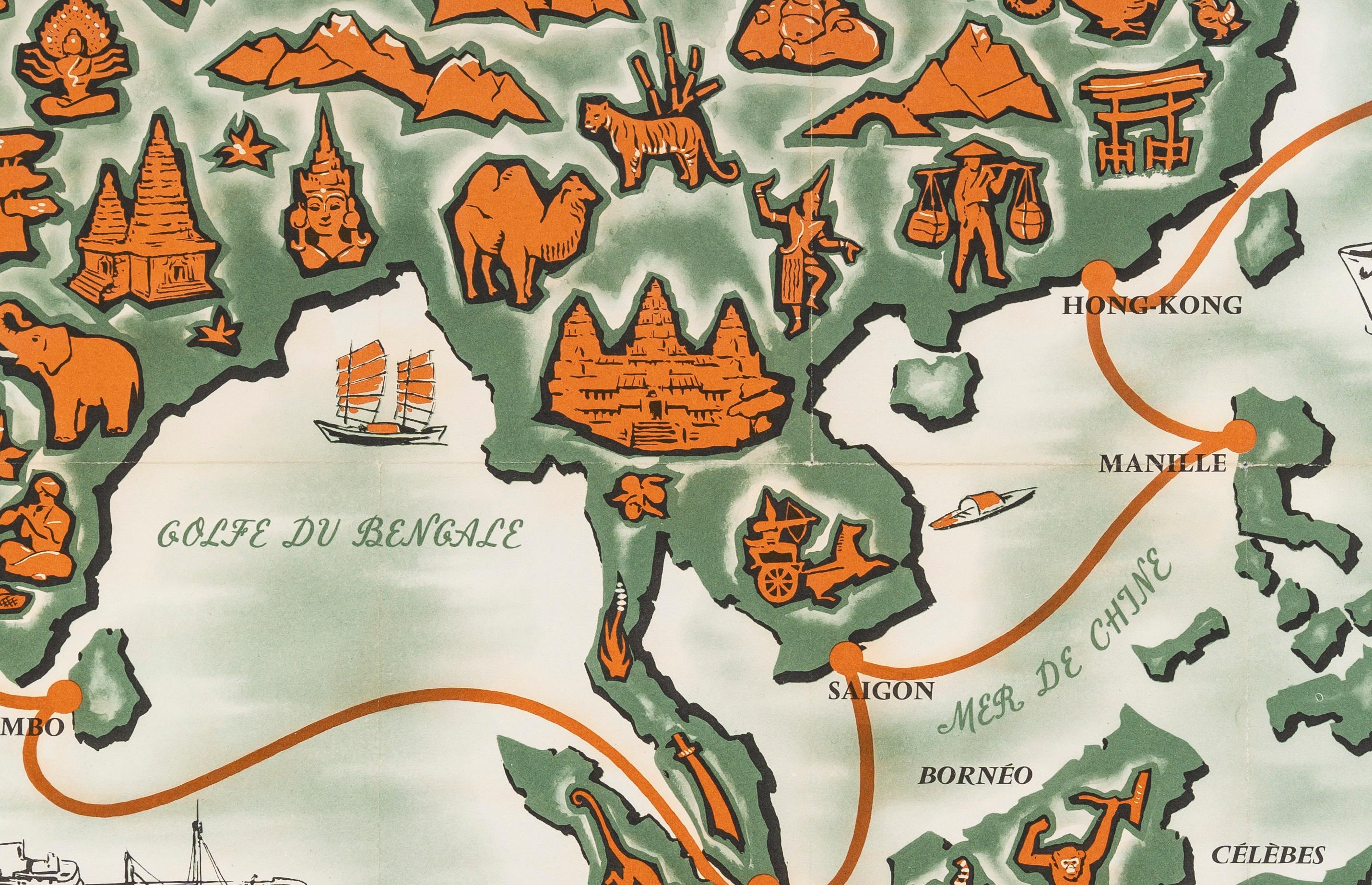 Branger, Original-Vintage-Karte, Messagerie Maritime, Vietnam, Laos, Kambodscha 1950 (20. Jahrhundert) im Angebot