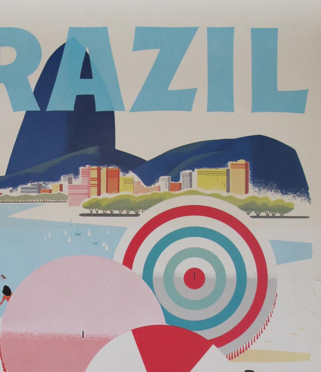Superb original Braniff 1950s Brazil Travel Airline poster. Eye-catching Rio beach scene design. 

Linen-backed in excellent condition. Will be sent rolled.