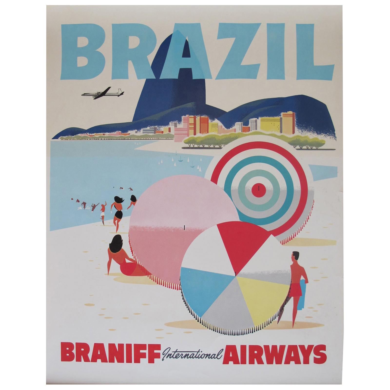 Braniff 1950s Brazil Travel Airline Poster