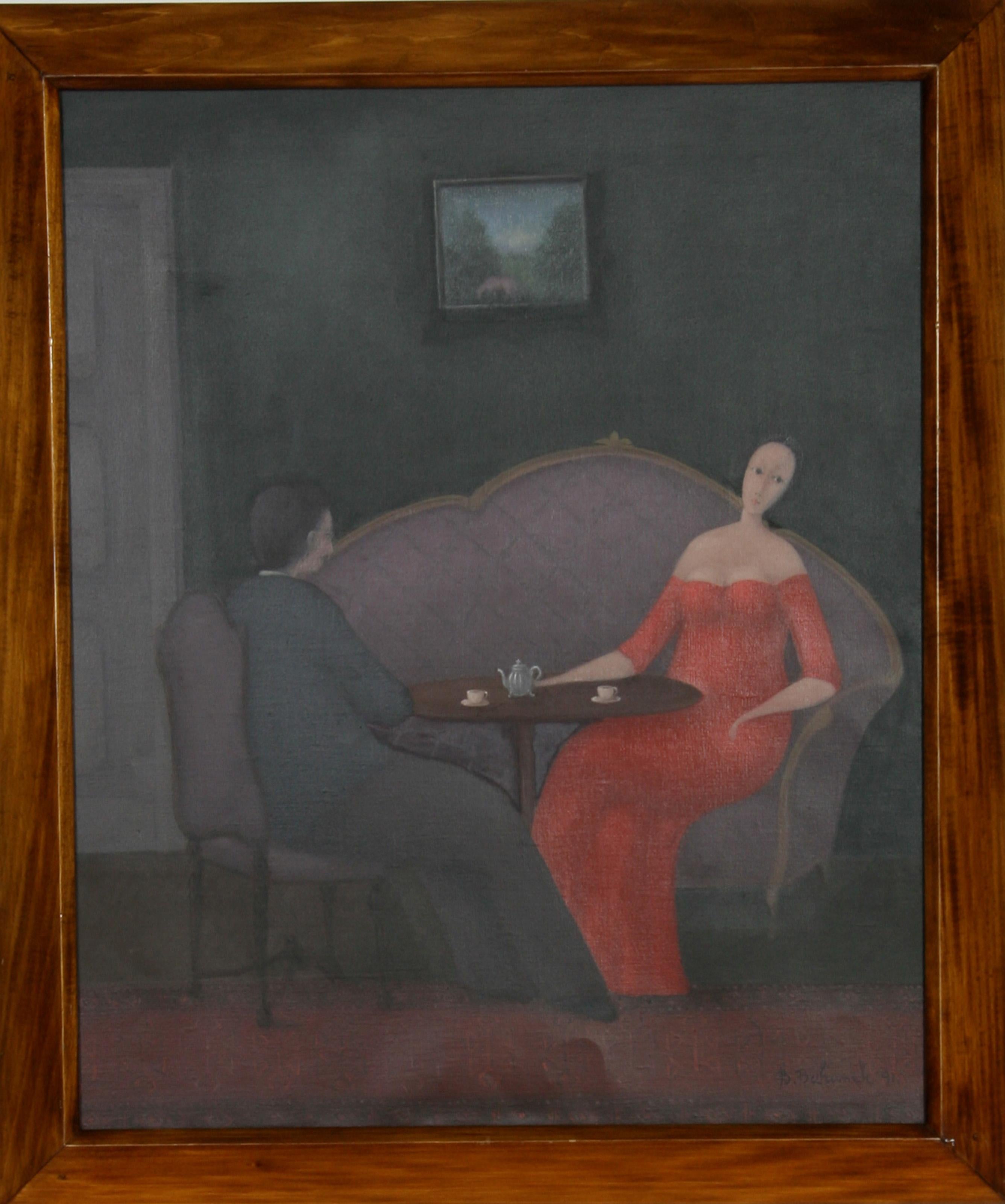 Branko Bahunek, croata (1935 - ) -  Pareja. Año: 1991, Técnica: Óleo sobre lienzo, Tamaño: 66,04 cm x 53,34 cm, Tamaño del marco: 29 x 25 pulgadas, Descripción: Sentados uno frente al otro, el hombre y la mujer elegantemente vestidos de cóctel