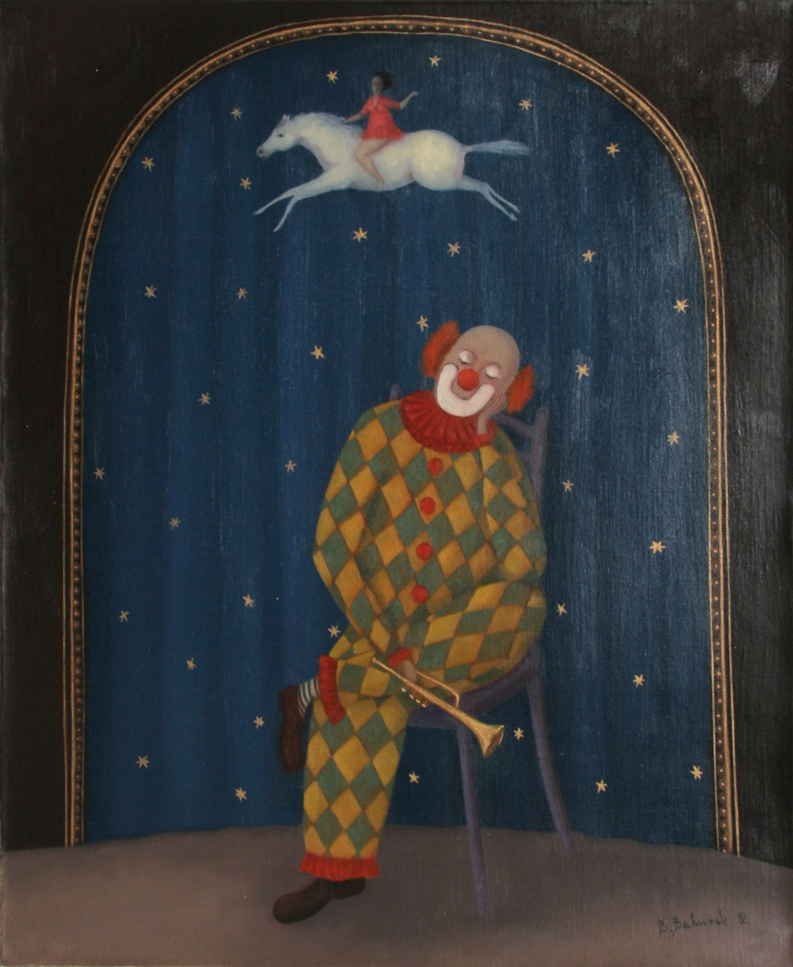 Branko Bahunek, croato (1935 - ) -  Clown sognante. Anno: 1992, Medium: Olio su tela, Dimensioni: 28.5 in. x 23.5 in. (72.39 cm x 59.69 cm) 