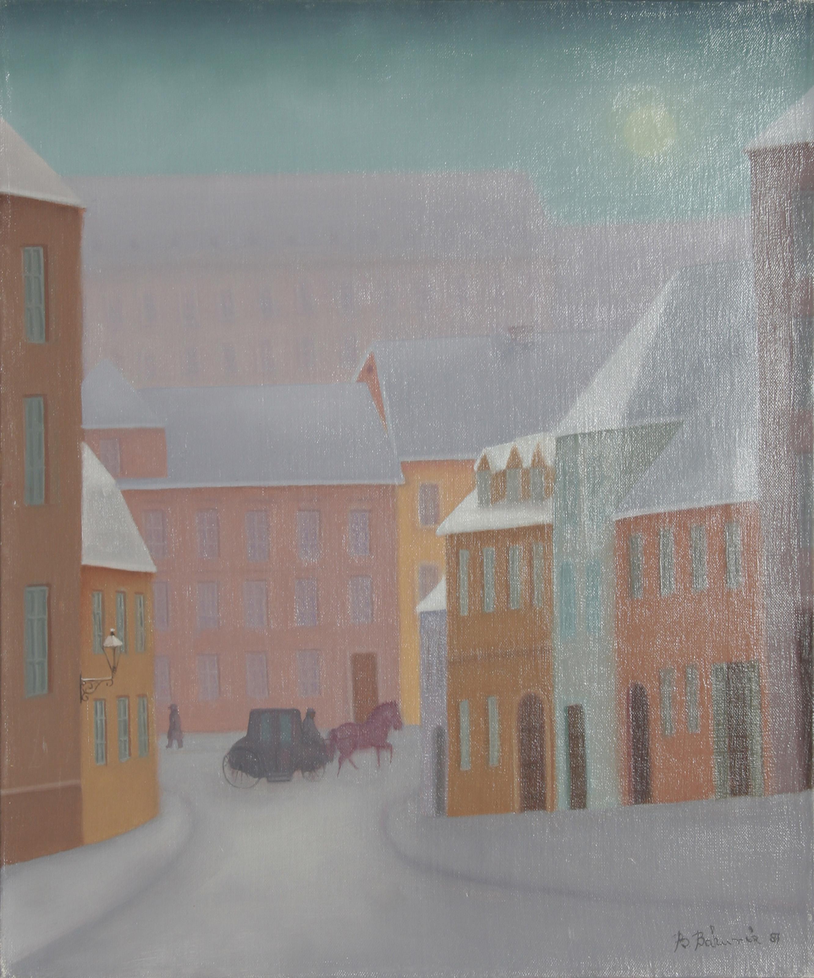 Branko Bahunek, Croatian (1935 - ) -  Frozen Morning - II. Year: 1987, Medium: Oil on Canvas, Size: 22 in. x 18 in. (55.88 cm x 45.72 cm), Description: Trotting across the snow-covered roads, a horse and buggy makes its way through the city streets