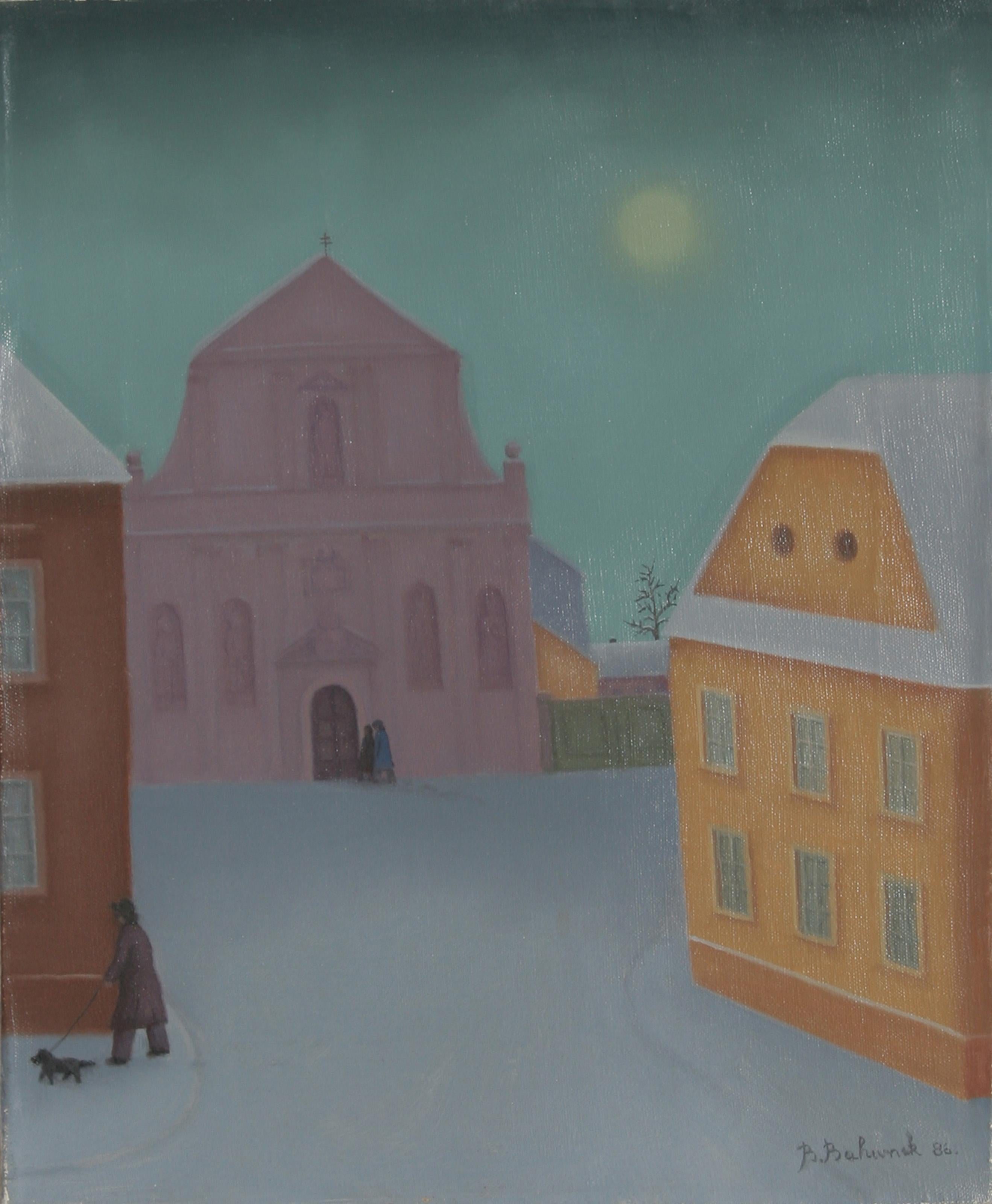 Branko Bahunek, Croate (1935 - ) -  Matin glacé. Année : 1986, Médium : Huile sur toile, signée, Dimensions : 18 in. x 15 in. (45.72 cm x 38.1 cm) 