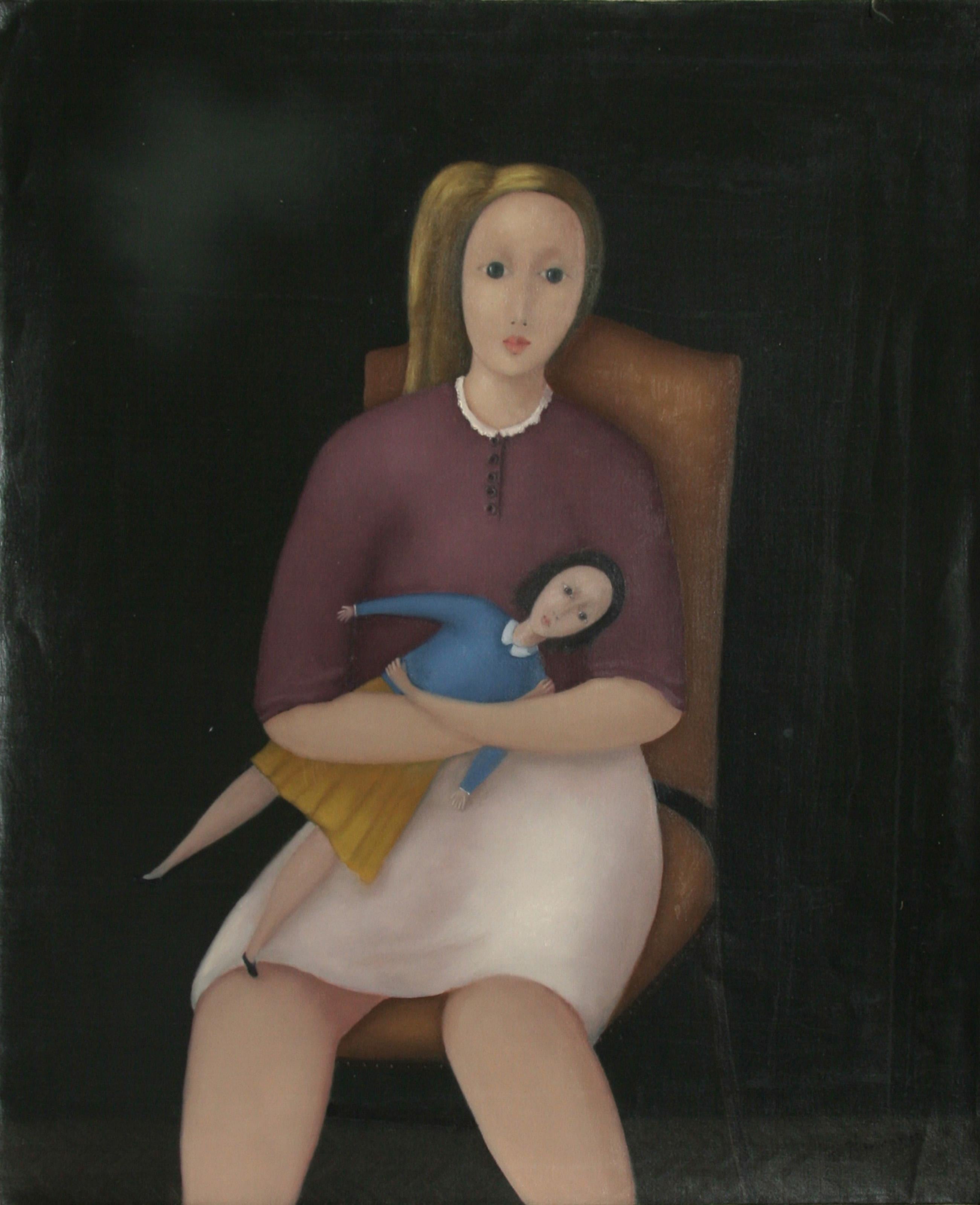 Branko Bahunek, Croatian (1935 - ) -  Girl and her Doll. Year: 1992, Medium: Oil on Canvas, Size: 28.5 in. x 23 in. (72.39 cm x 58.42 cm) 