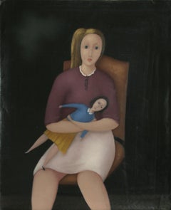 Niña y su muñeca, pintura surrealista al óleo sobre lienzo Retrato de Branko Bahunek