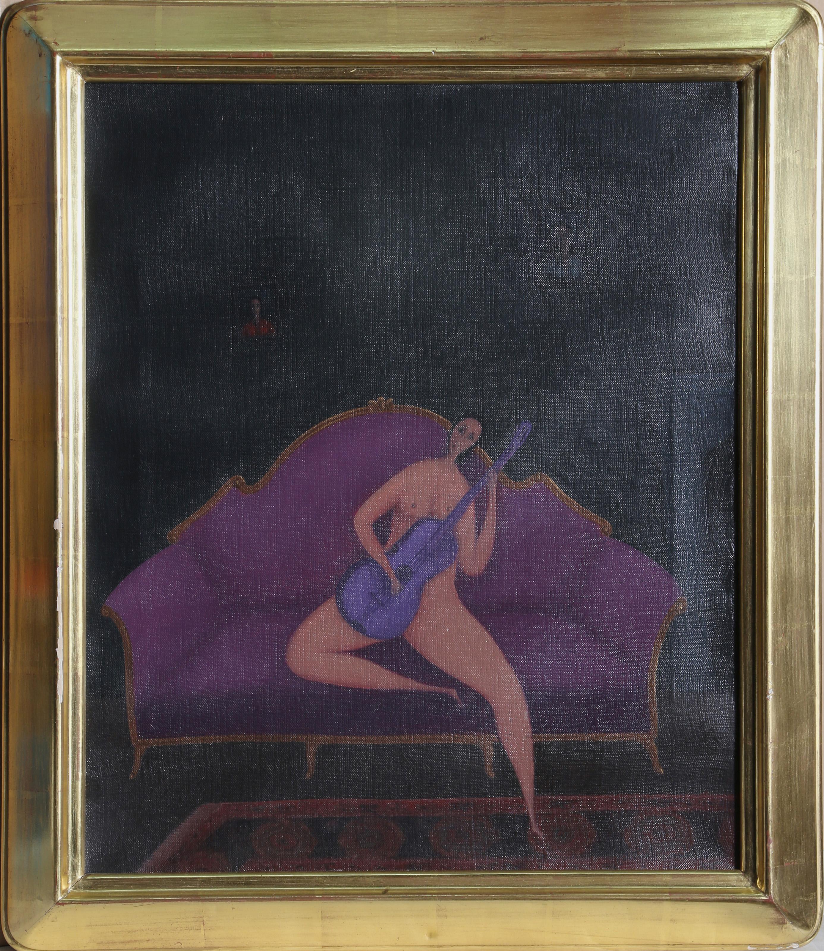 Branko Bahunek, Croatian (1935 - ) -  Nude Guitar Player. Year: 1986, Medium: Oil on Canvas, signed and dated, Size: 21.5  x 18 in. (54.61  x 45.72 cm), Frame Size: 26 x 22 inches 