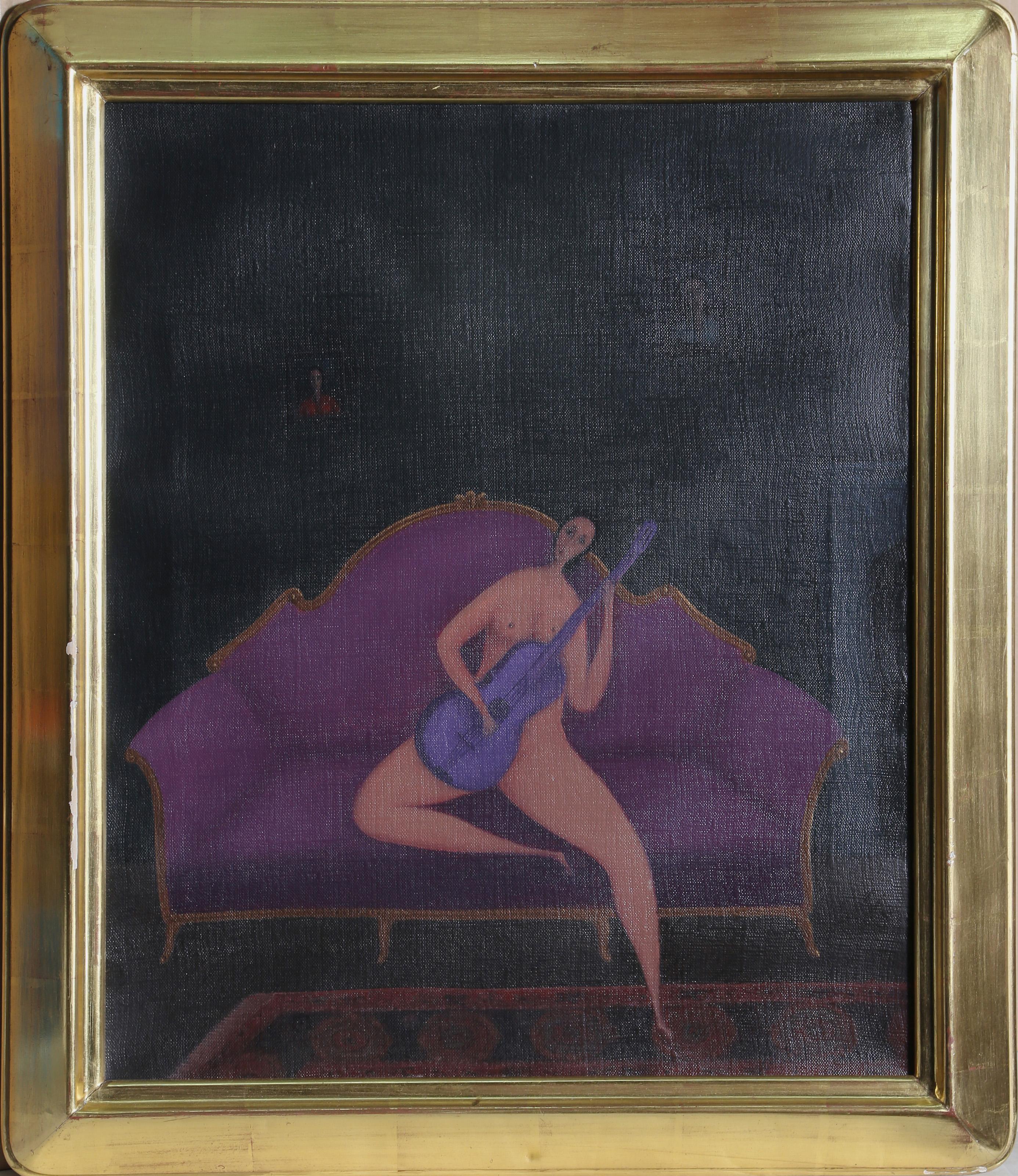 Branko Bahunek, Kroate (1935 - ) -  Nackter Gitarrist. Jahr: 1986, Medium: Öl auf Leinwand, signiert und datiert, Größe: 21.5  x 18 in. (54.61  x 45,72 cm), Rahmengröße: 26 x 22 Zoll 