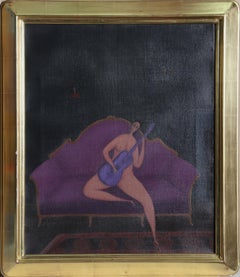 Vintage Nude Guitar Player, Oil on Canvas by Branko Bahunek