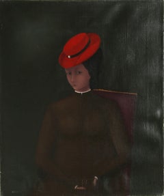 Vintage Portrait of Woman in Red Hat, Oil on Canvas by Branko Bahunek