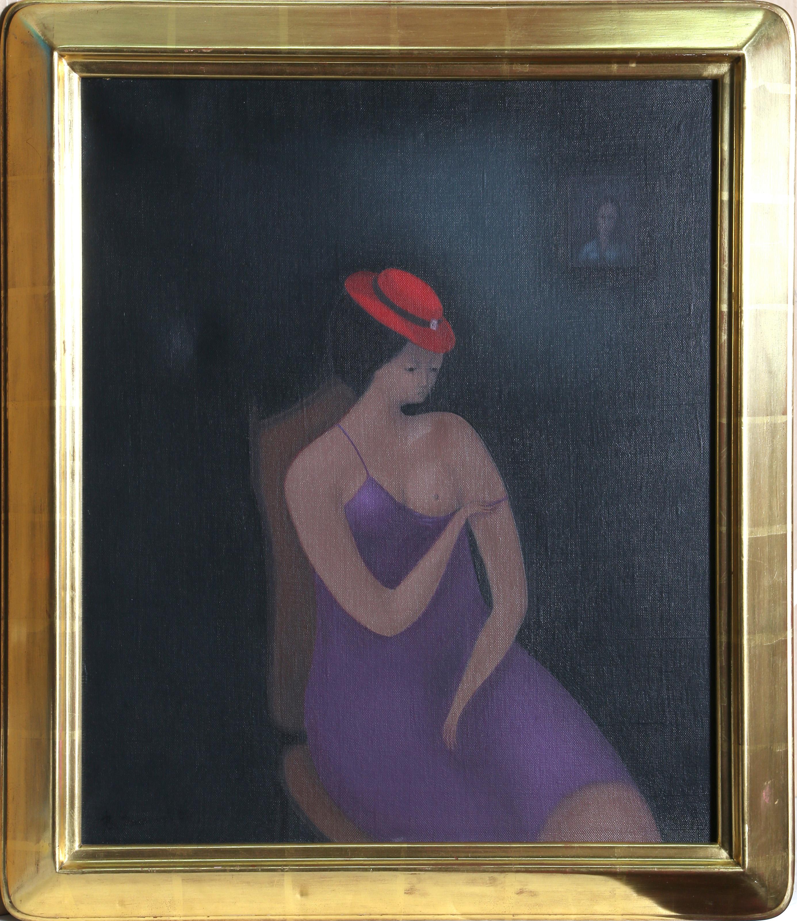 Branko Bahunek, croato (1935 - ) -  Red Hat. Anno: 1991, Medium: Olio su tela, firmato e datato, Dimensioni: 21.5  x 18 pollici (54,61  x 45.72 cm), Dimensioni cornice: 26 x 22 pollici, Descrizione: Con un cappello a tesa rossa, la donna ritratta in