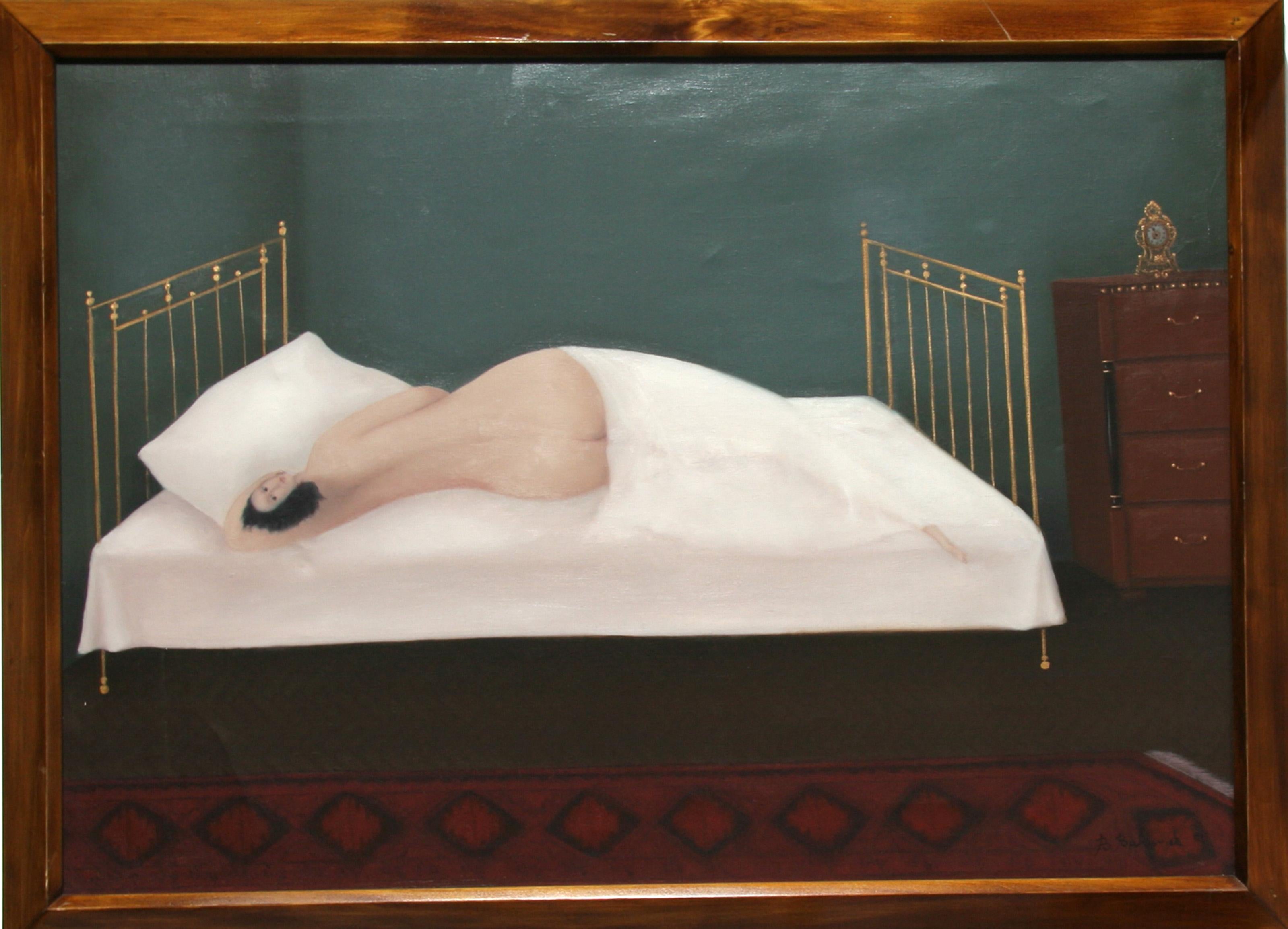 Branko Bahunek, Kroate (1935 - ) -  Ausruhen - II. Jahr: 1991, Medium: Öl auf Leinwand, Größe: 63,5 cm x 88,9 cm (25 in. x 35 in.), Rahmengröße: 29 x 39 Zoll, Beschreibung: Die nackte Frau windet sich in den weißen Laken und wälzt sich im Schlaf in