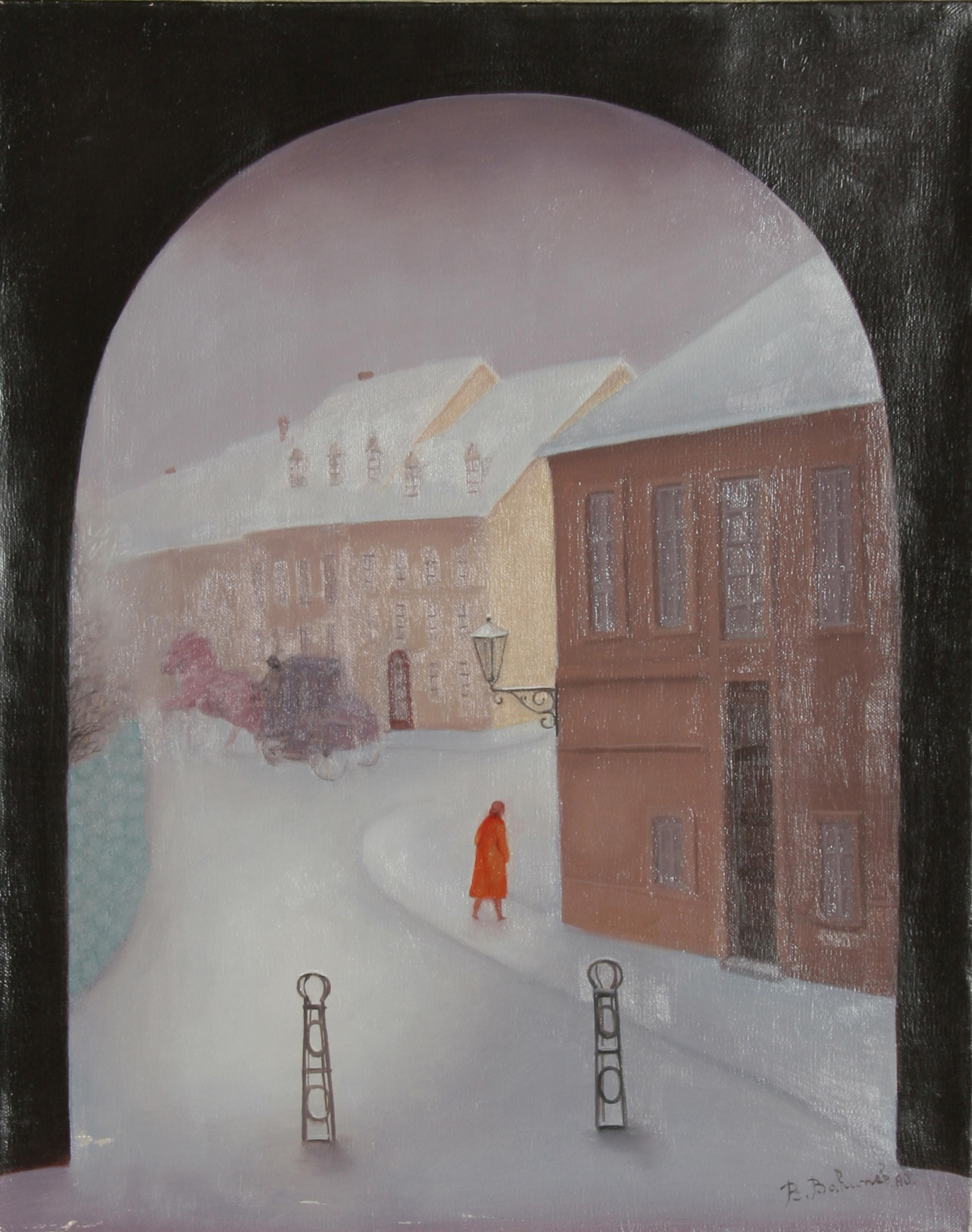 Branko Bahunek, croato (1935 - ) -  Vista dalla stalla. Anno: 1988, Medium: Olio su tela, firmato e datato, Dimensioni: 20 in. x 16 in. (50.8 cm x 40.64 cm) 