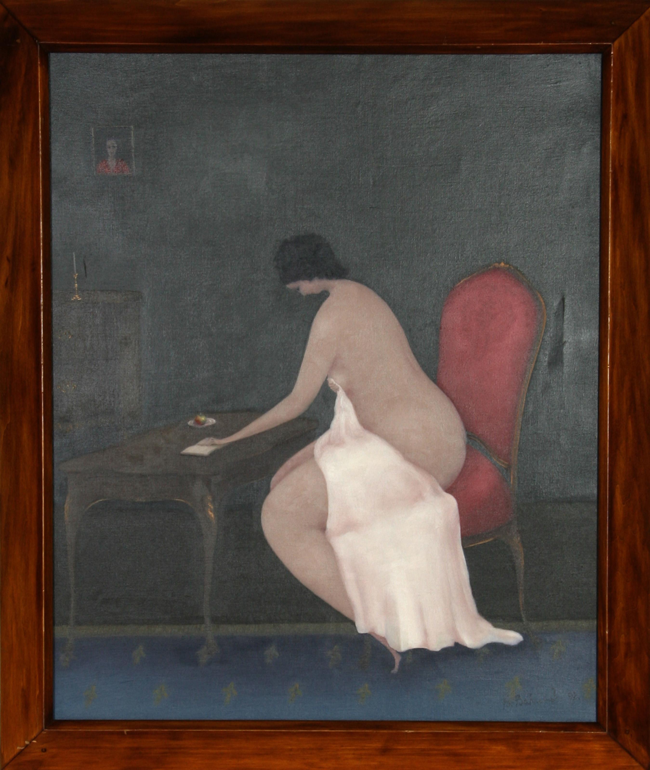 Branko Bahunek, Croatian (1935 - ) -  Woman in Red Chair. Year: 1992, Medium: Oil on Canvas, Size: 25.5 in. x 21 in. (64.77 cm x 53.34 cm), Frame Size: 29 x 25 inches, Description: Leaning over the dainty wooden desk, the brunette woman clutches her