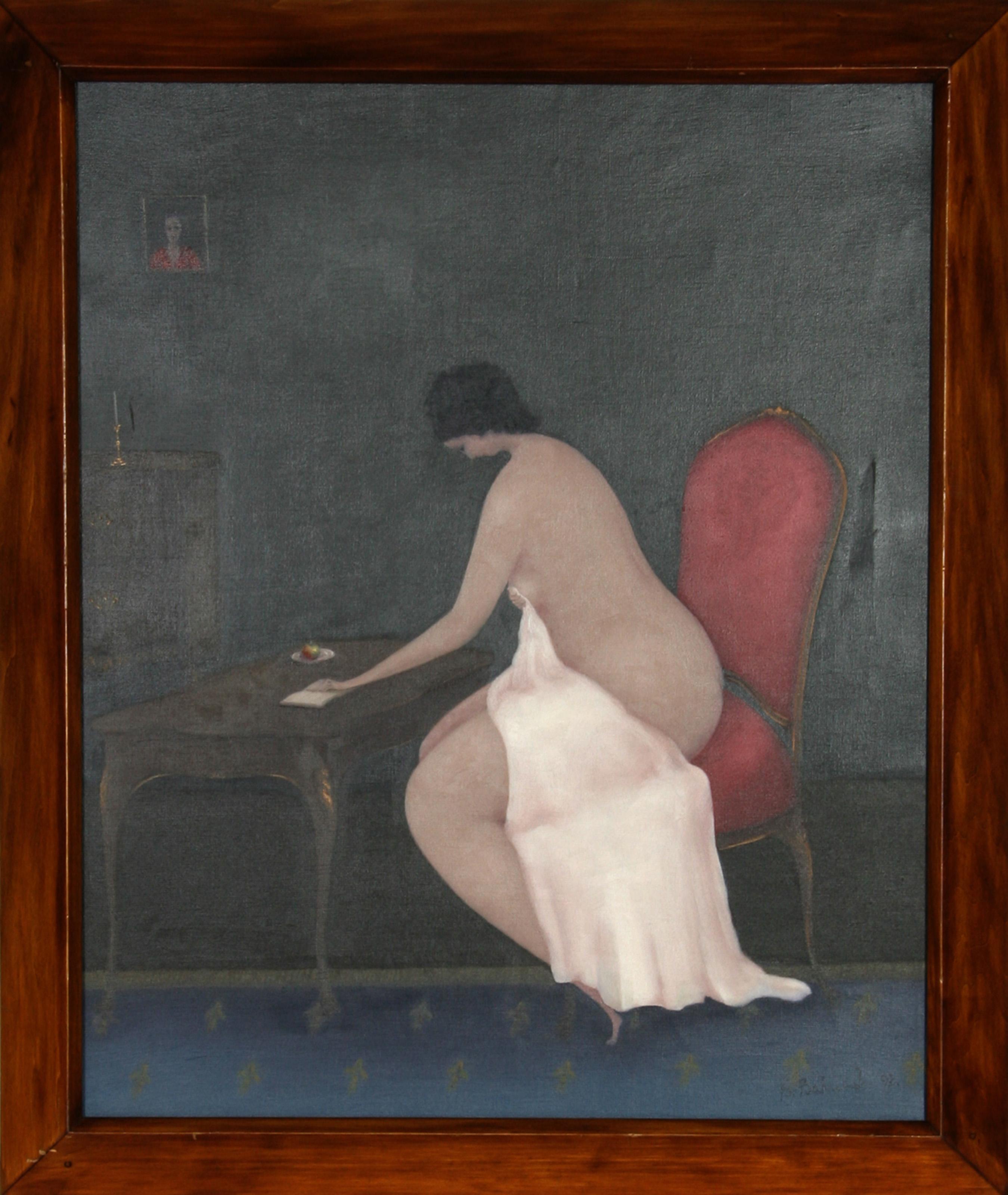 Branko Bahunek, Kroate (1935 - ) -  Frau im roten Stuhl. Jahr: 1992, Medium: Öl auf Leinwand, Größe: 25.5 in. x 21 in. (64.77 cm x 53.34 cm), Rahmengröße: 29 x 25 inches, Beschreibung: Die brünette Frau, die sich über den zierlichen Holztisch beugt,