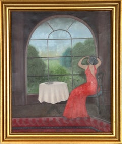 Vintage Woman Looking Out Window, Oil Painting by Brank Bahunek