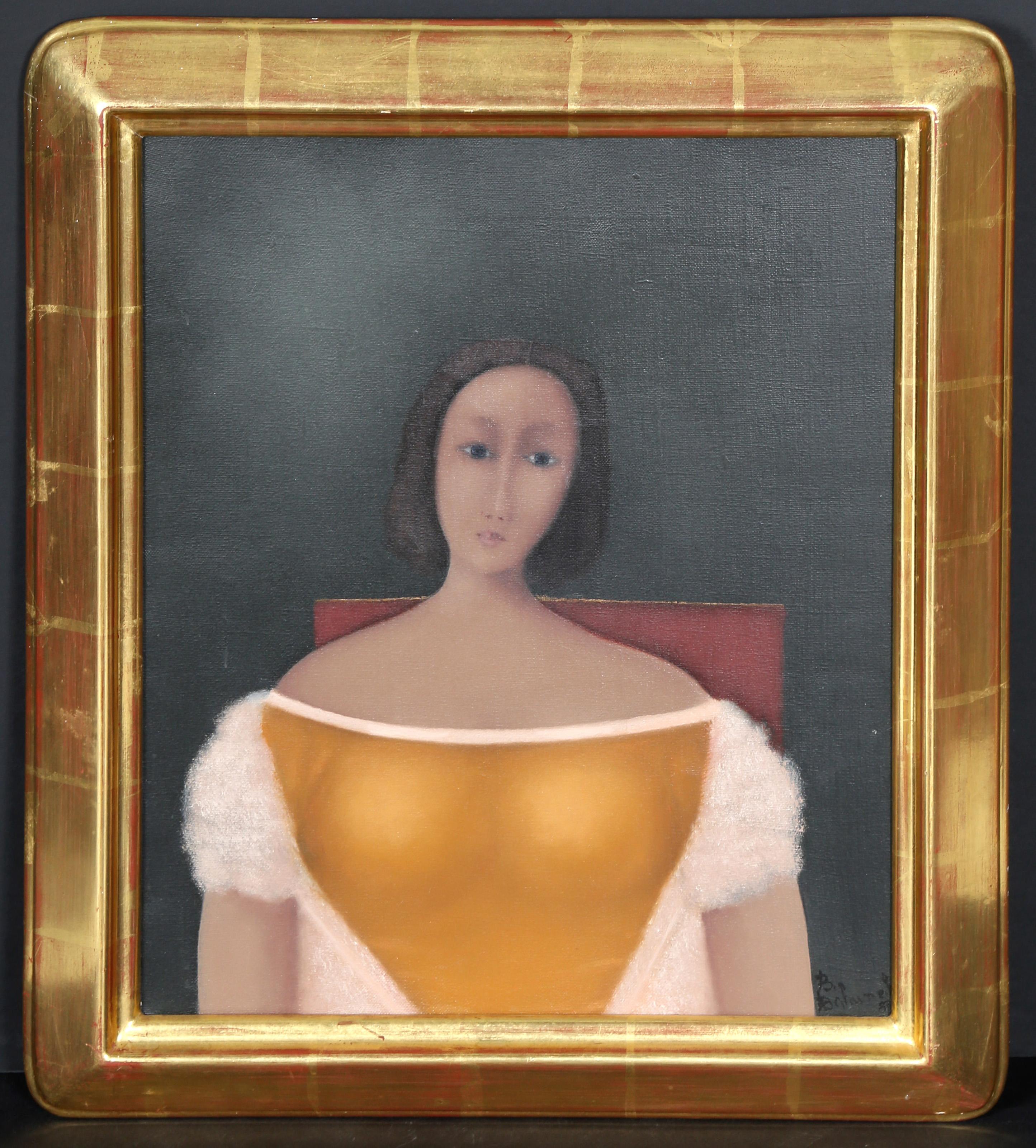A simple portrait by Branko Bahunek of a woman in a gold gown. This piece is rendered using oil paint on canvas. The work is nicely housed in a gold leaf frame.

Woman Sitting
Branko Bahunek, Croatian (1935)
Date: 1987
Oil on Canvas, signed and
