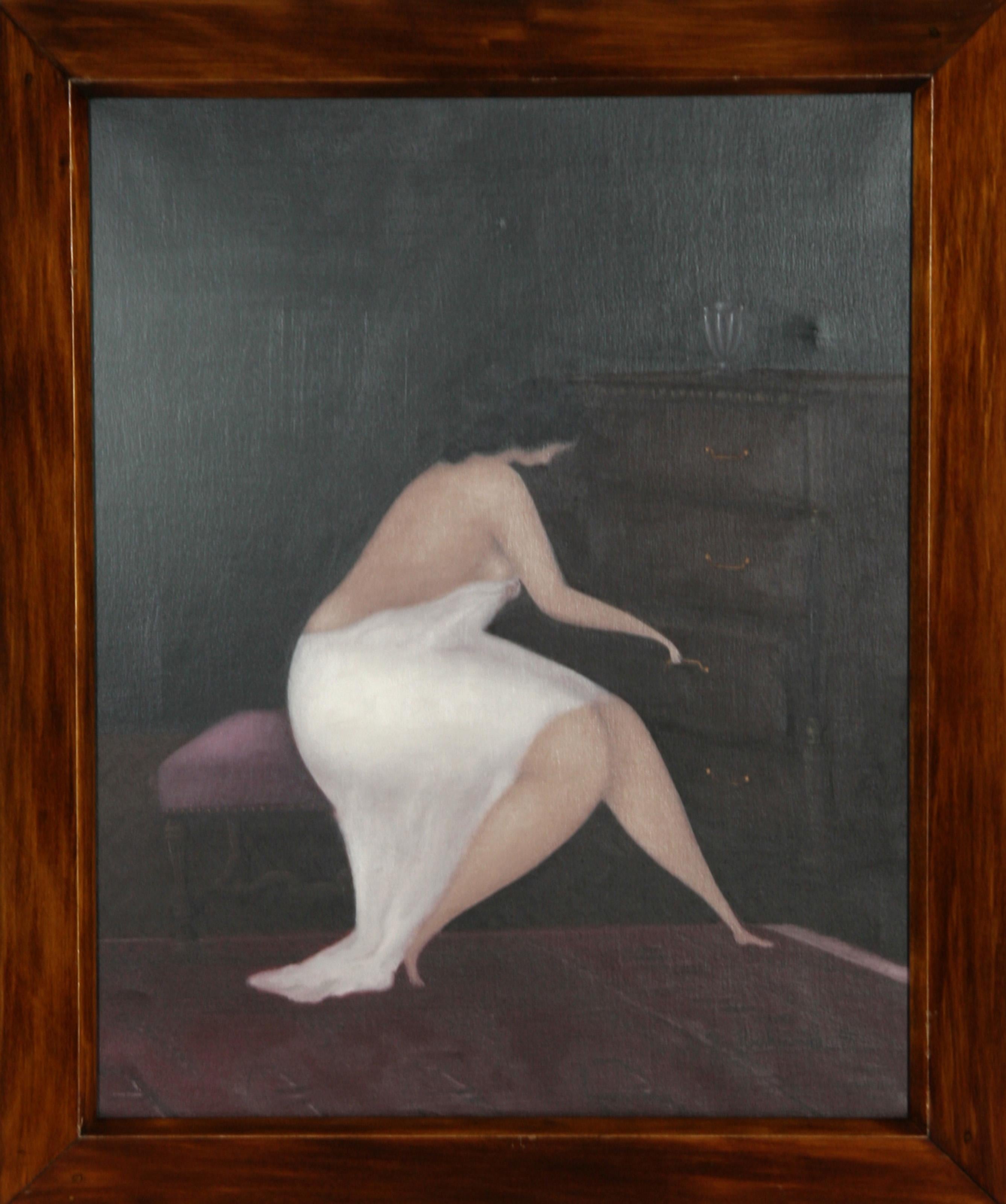 Branko Bahunek, Croatian (1935 - ) -  Woman with Bureau. Year: 1991, Medium: Oil on Canvas, Size: 21 in. x 17 in. (53.34 cm x 43.18 cm), Frame Size: 25 x 21.5 inches 