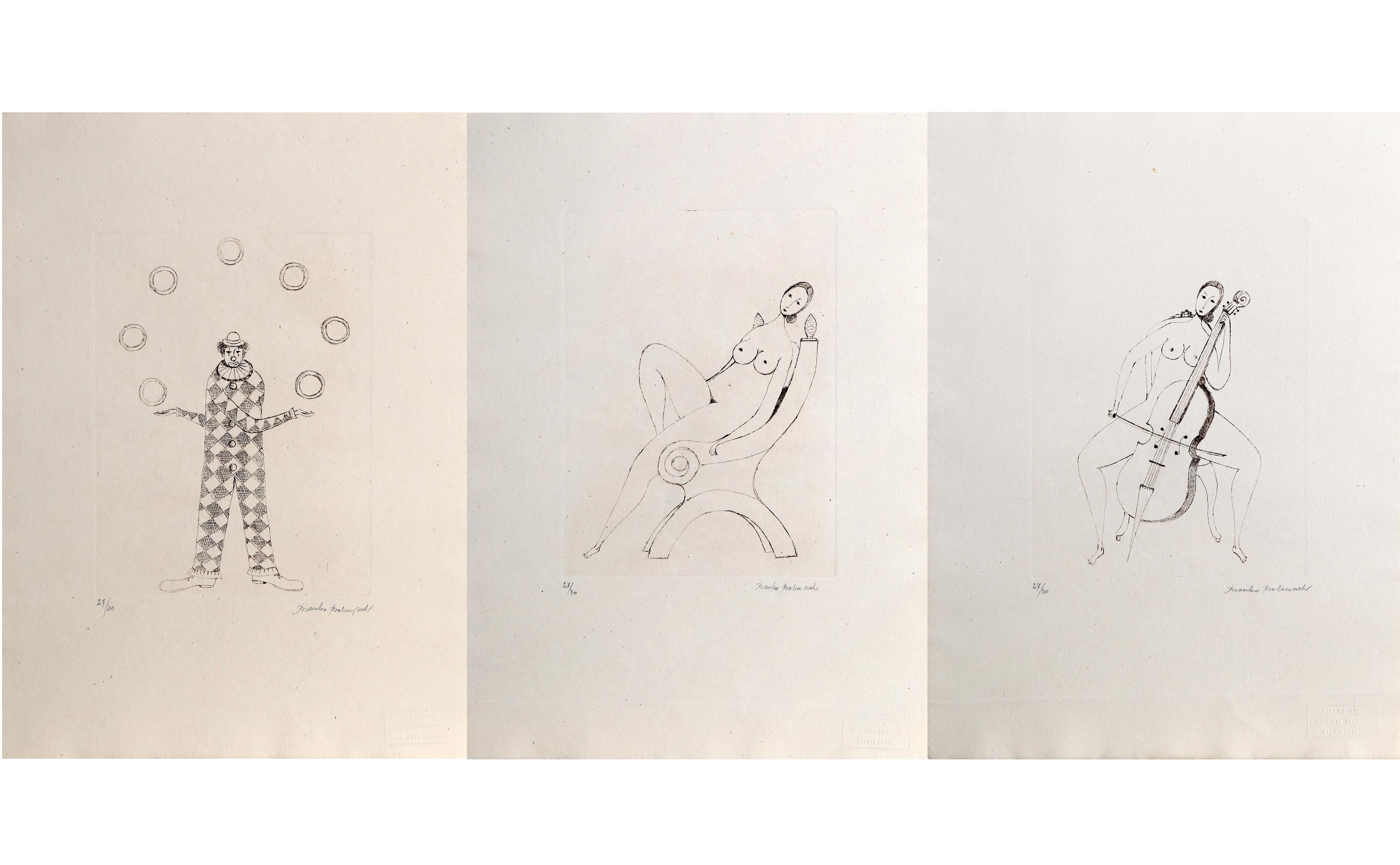 Branko Bahunek, Croatian (1935 - ) -  Activities Portfolio. Year: 1983, Medium: Three Etchings on handcut paper, signed and numbered in pencil, Edition: 30, Image Size: 9.5 x 7 inches, Size: 17 x 12 in. (43.18 x 30.48 cm), Publisher: Fine Arts