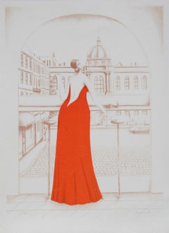In the Cafe (Red), Lithograph by Branko Bahunek