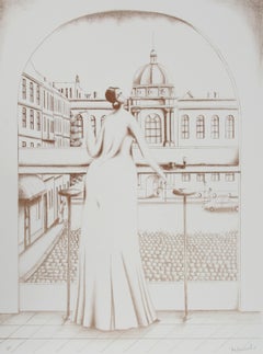 In the Cafe (sépia), lithographie de Branko Bahunek
