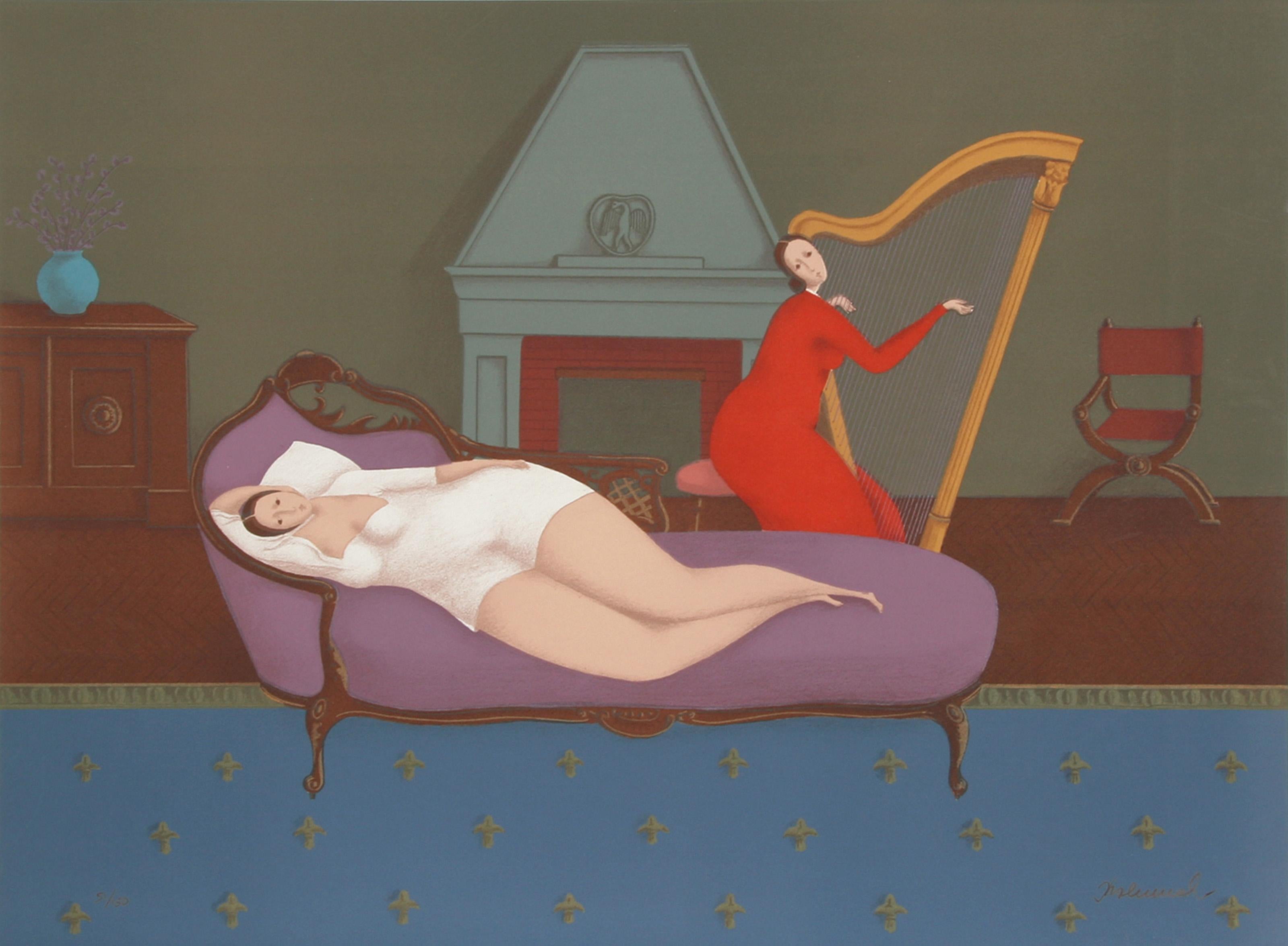 Branko Bahunek, Croatian (1935 - ) -  Lounging with Harp. Medium: Lithograph, signed and numbered in pencil, Edition: 150, Size: 21.5 in. x 29 in. (54.61 cm x 73.66 cm) 