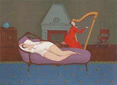 Lounging with Harp , Lithograph by Branko Bahunek