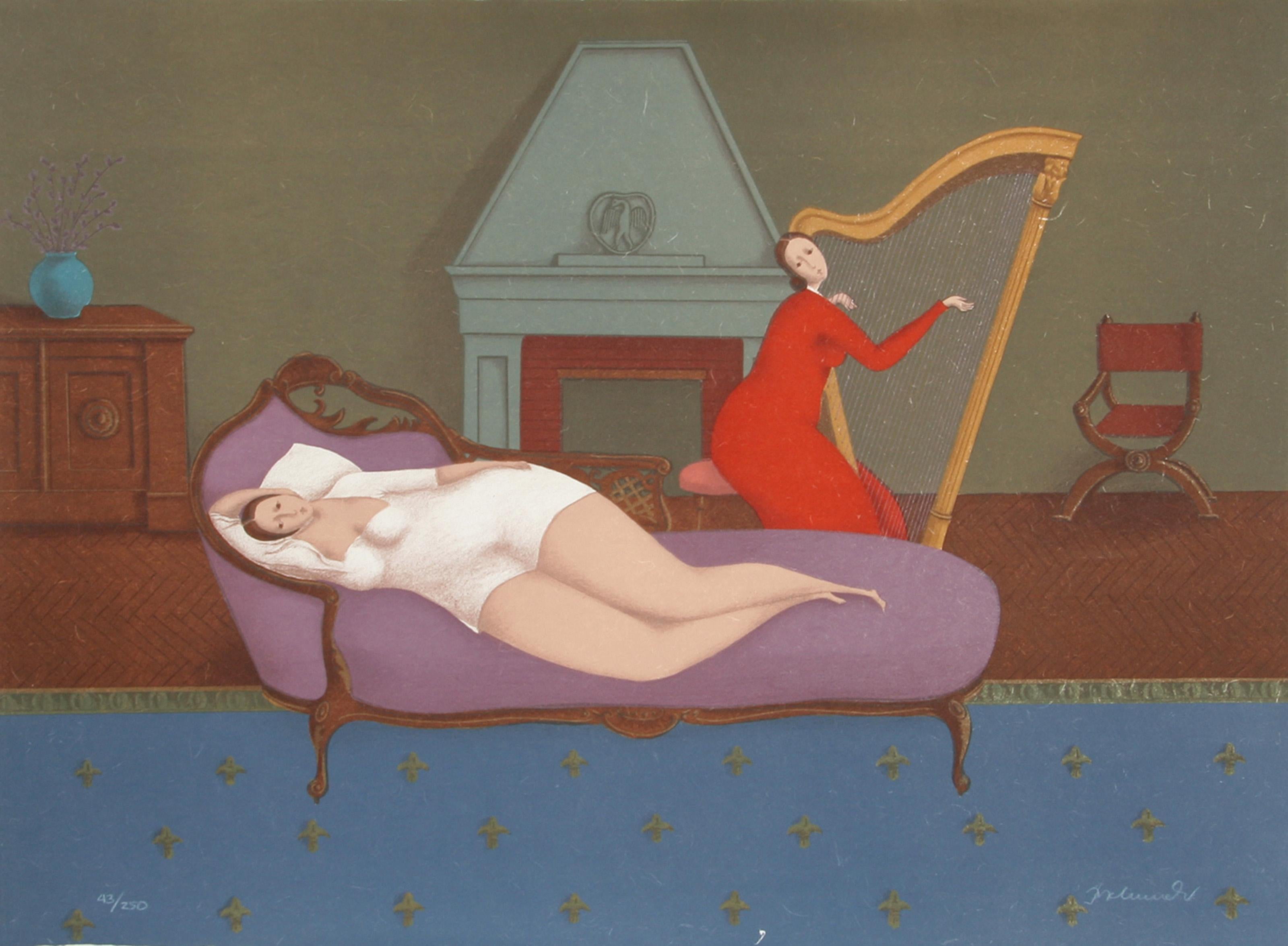 Branko Bahunek, Croatian (1935 - ) -  Lounging with Harp. Medium: Lithograph on Japon, Signed and numbered in pencil, Edition: 250, Size: 21.5 in. x 29 in. (54.61 cm x 73.66 cm) 