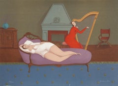 Lounging with Harp , Lithograph by Branko Bahunek