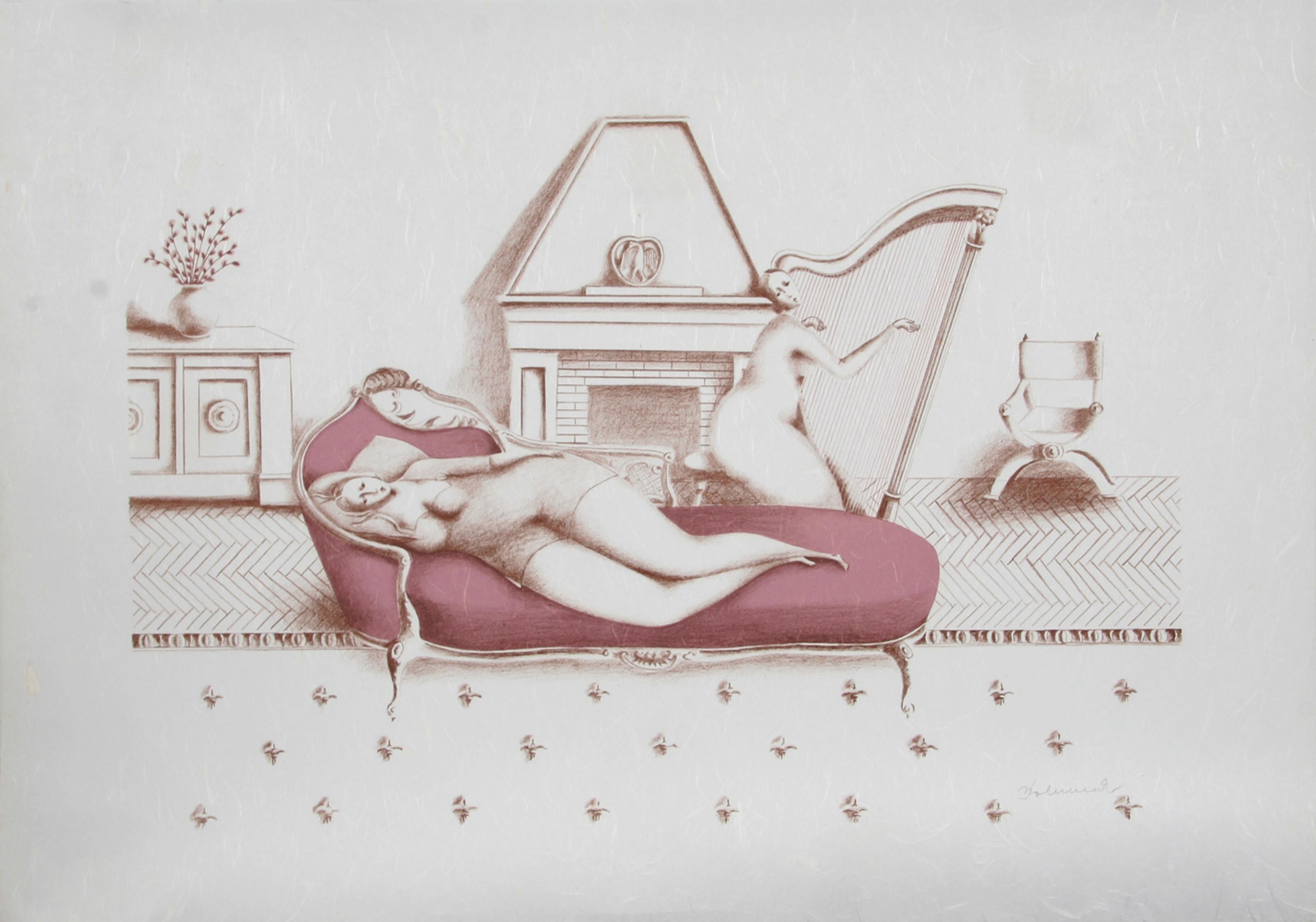 Branko Bahunek, Croatian (1935 - ) -  Lounging with Harp (Rose). Medium: Lithograph on Japon, Signed and numbered in pencil, Edition: 50, Size: 24.5 in. x 37 in. (62.23 cm x 93.98 cm) 