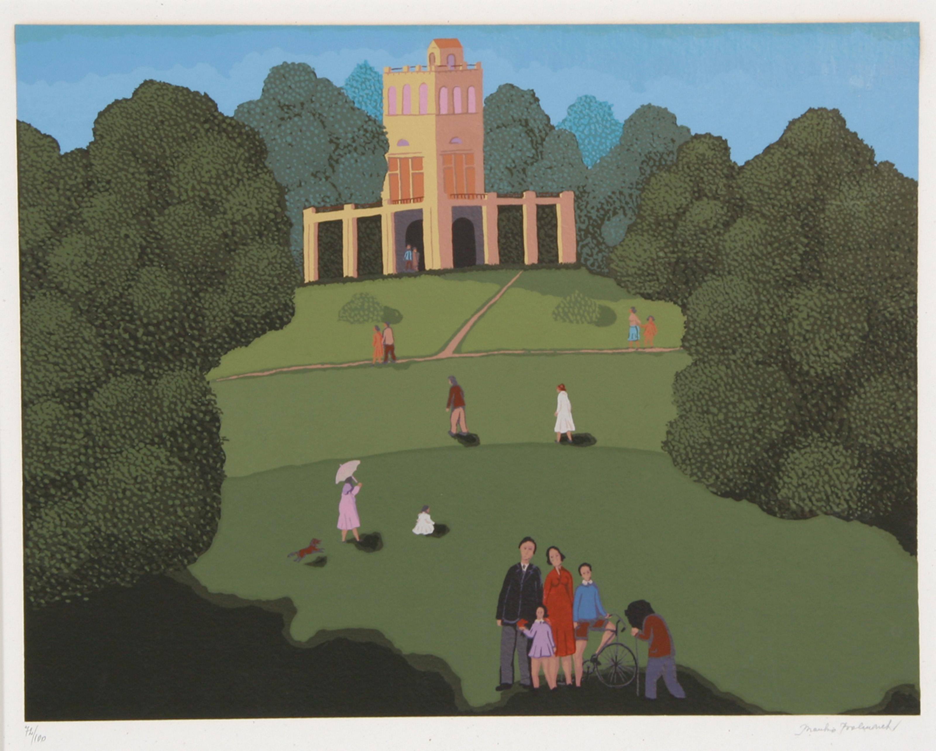Branko Bahunek, Kroate (1935 - ) -  Sonntag im Masimir-Park. Medium: Siebdruck, signiert und nummeriert mit Bleistift, Auflage: 100, Größe: 17 in. x 23.5 in. (43.18 cm x 59.69 cm) 