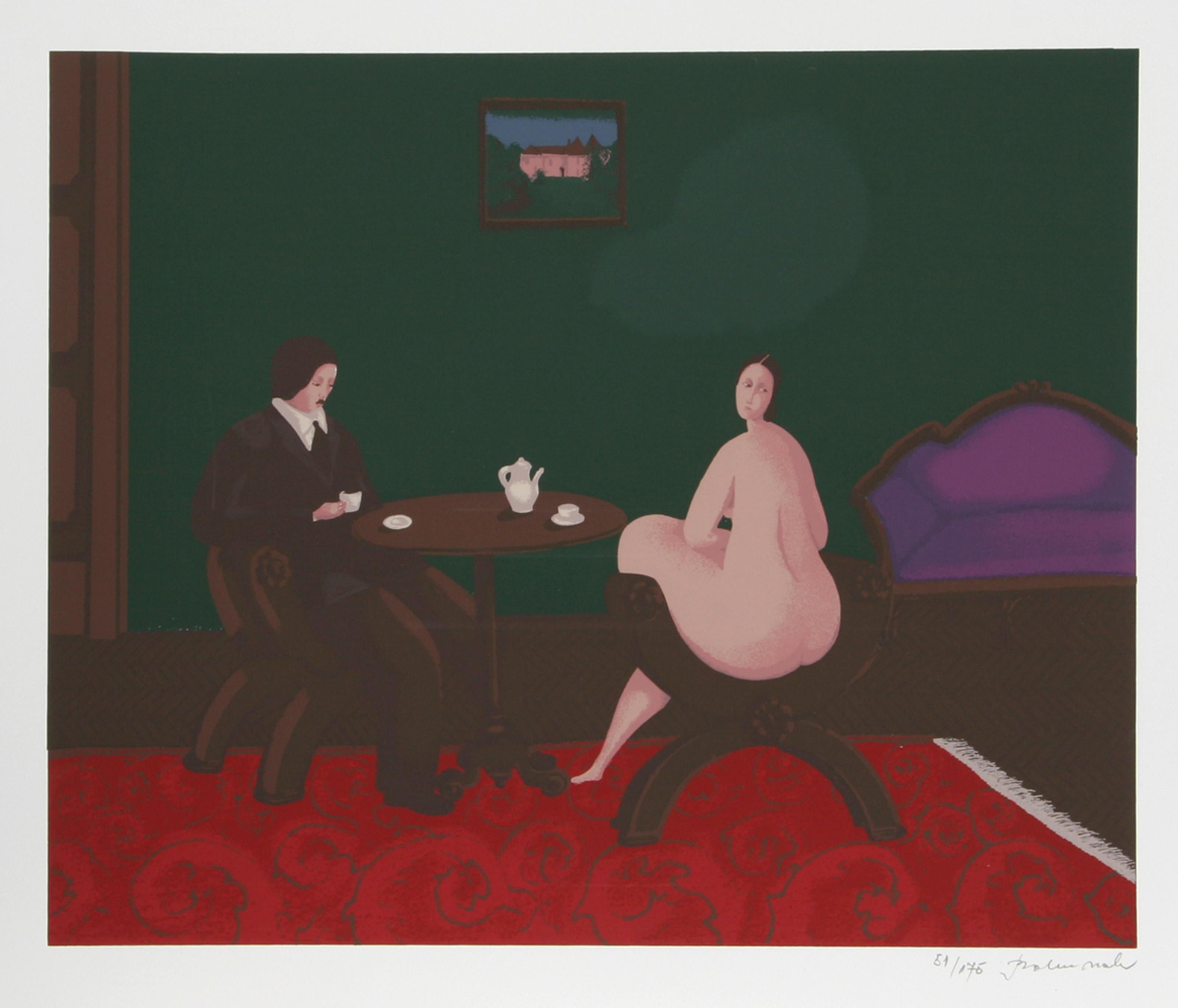 Branko Bahunek, Croatian (1935 - ) -  Tea Time. Medium: Screenprint, signed and numbered in pencil, Edition: 175, Image Size: 16 x 19.5 inches, Size: 19.5 in. x 27.5 in. (49.53 cm x 69.85 cm) 