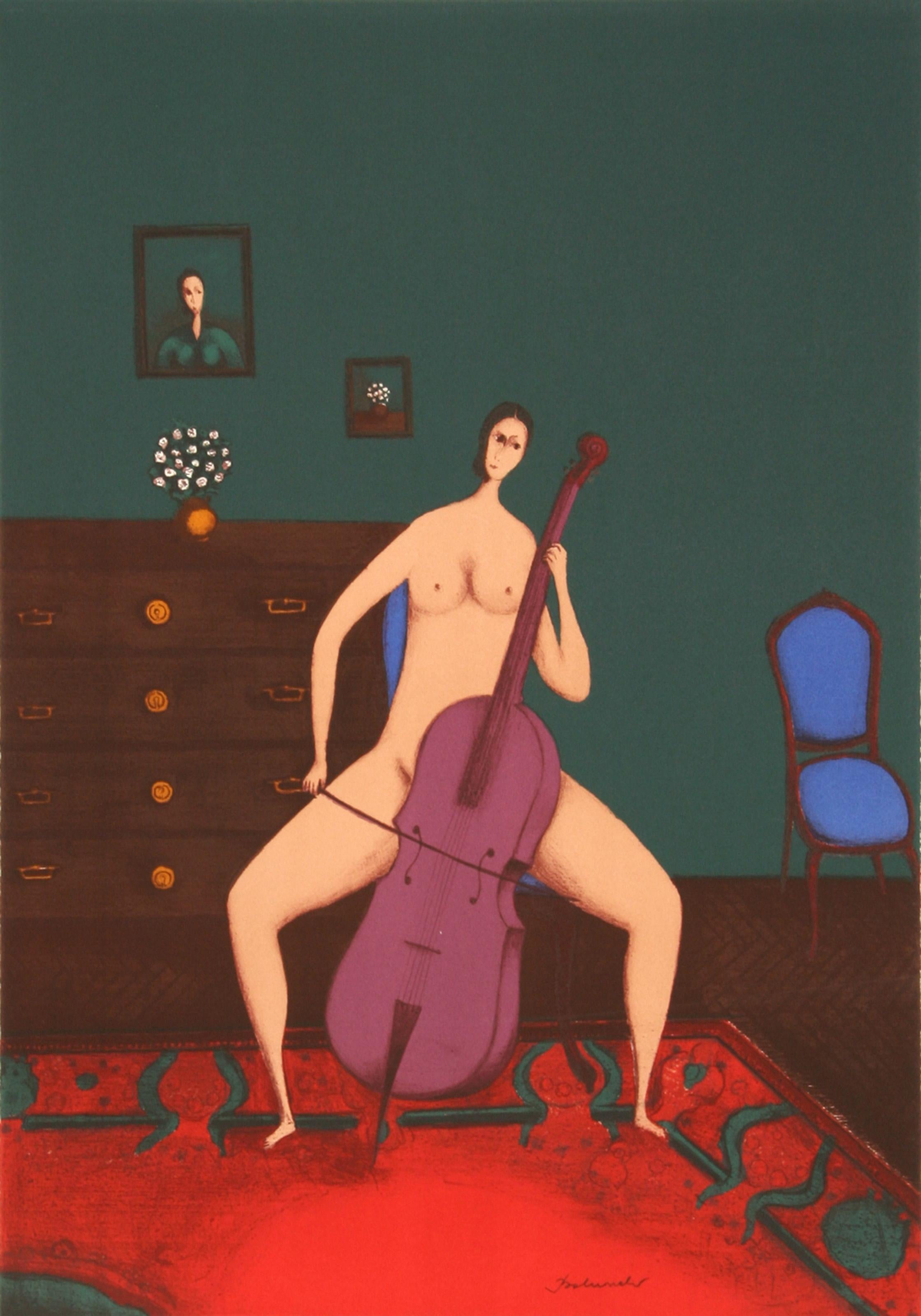 Branko Bahunek, Croatian (1935 - ) -  The Cellist. Medium: Lithograph, Signed in Pencil, Edition: 175, Size: 28.5 in. x 21 in. (72.39 cm x 53.34 cm) 