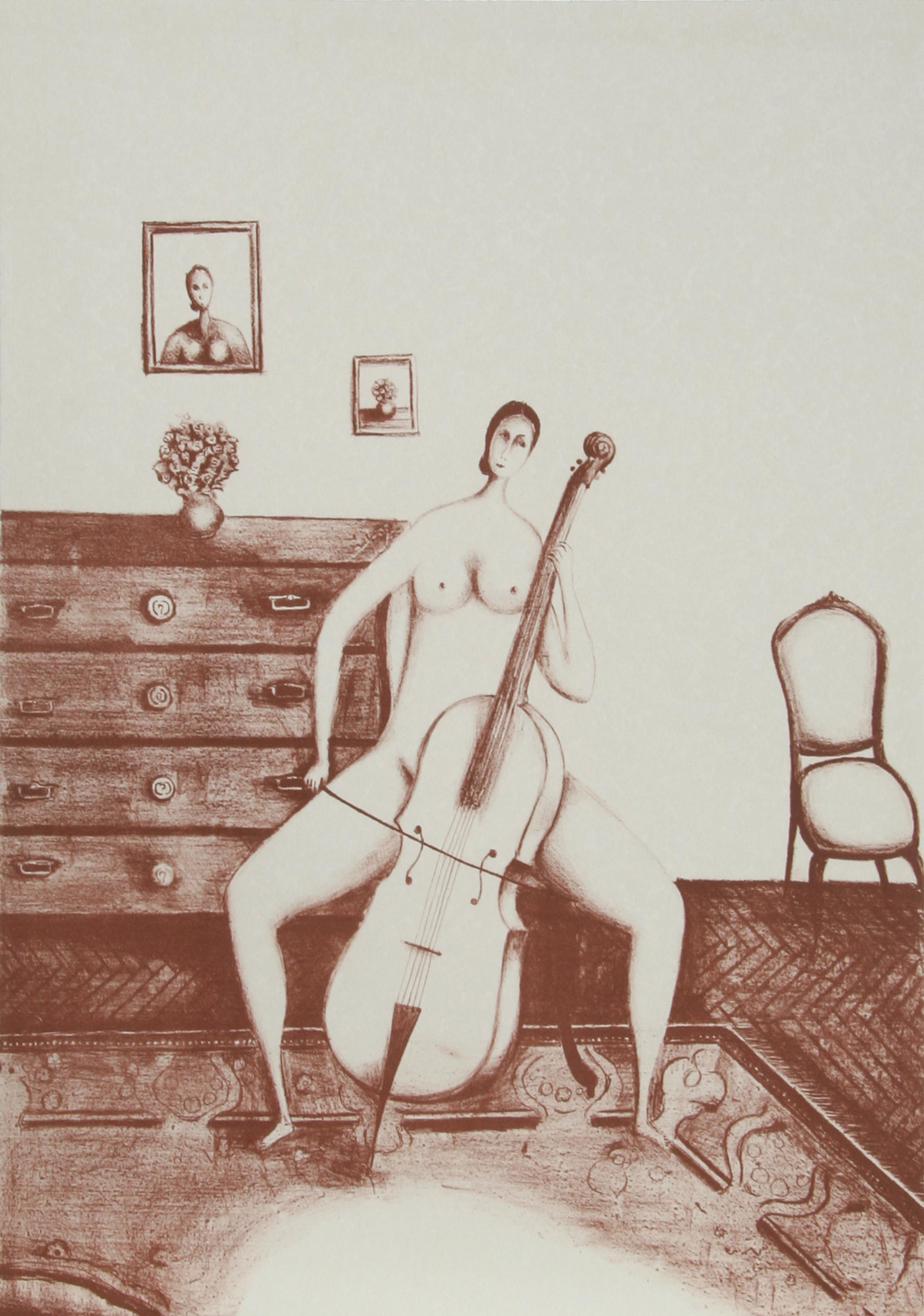 Branko Bahunek, croato (1935 - ) -  Il violoncellista (Seppia). Medio: Litografia, Dimensioni: 29 in. x 20.5 in. (73.66 cm x 52.07 cm) 