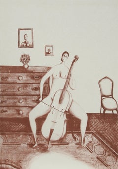 The Cellist (Sepia), Lithographie von Branko Bahunek
