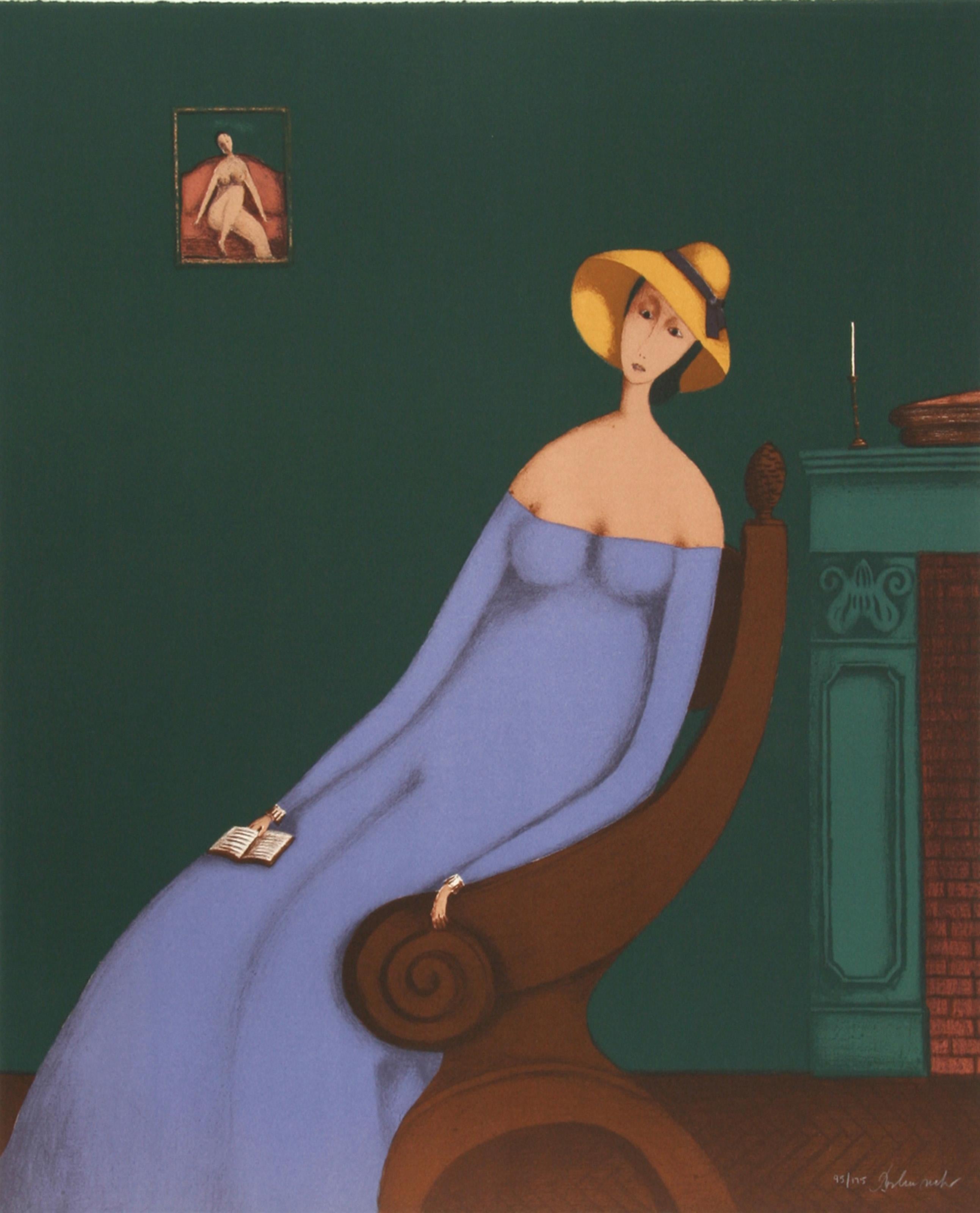 Woman with Book, Lithograph by Branko Bahunek