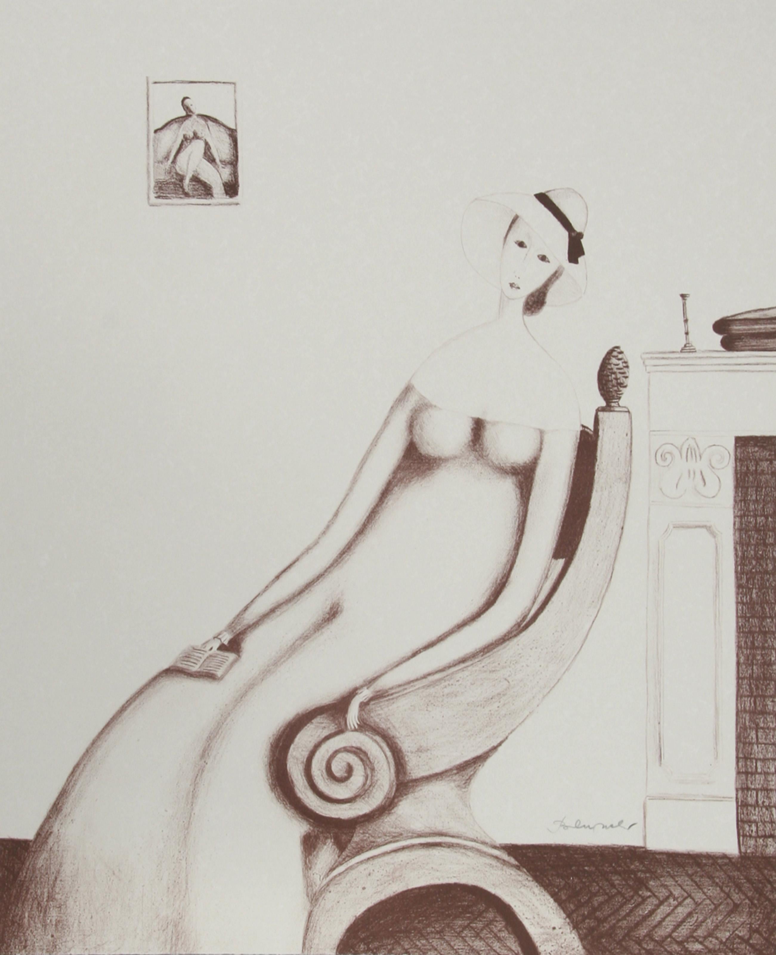 Branko Bahunek, Croatian (1935 - ) -  Woman with Book (Sepia). Medium: Lithograph, Signed in Pencil, Edition: 50, Size: 27 in. x 22 in. (68.58 cm x 55.88 cm) 