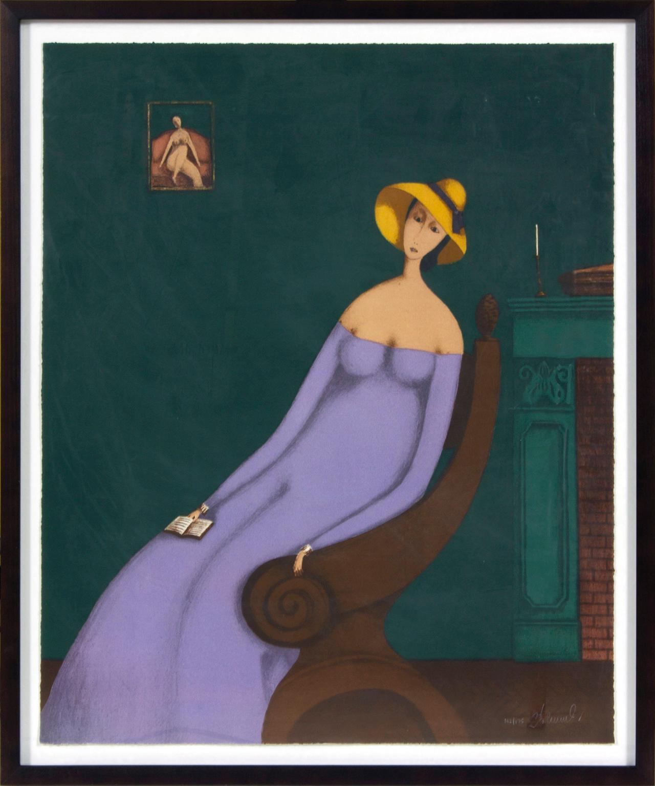 "Woman with Book" lithograph by artist Branko Bahunek of a woman with a book sitting next to a fireplace beneath a portrait of a nude woman on a couch. Signed and numbered 102/175. 