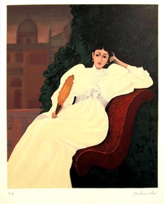 Vintage Woman with Quill, Lithograph by Branko Bahunek